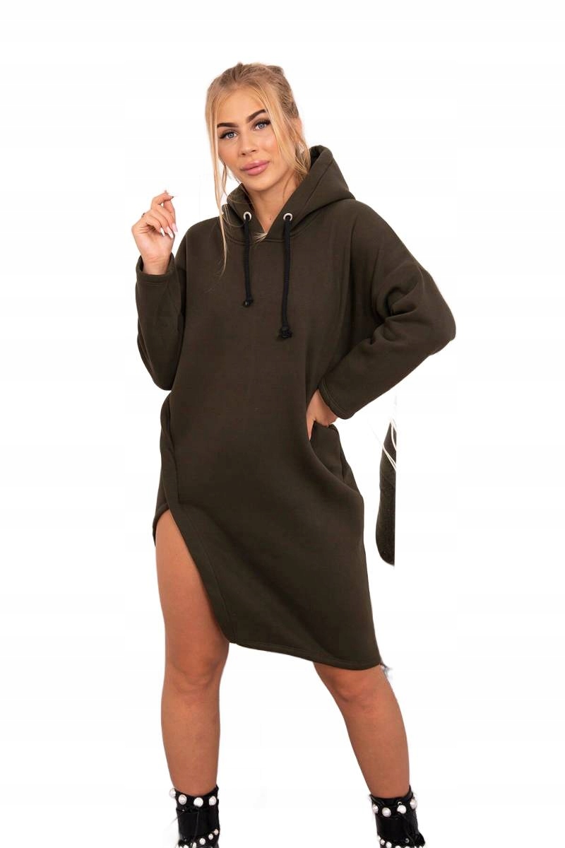 Šaty s kapucí a rozparkem na boku khaki