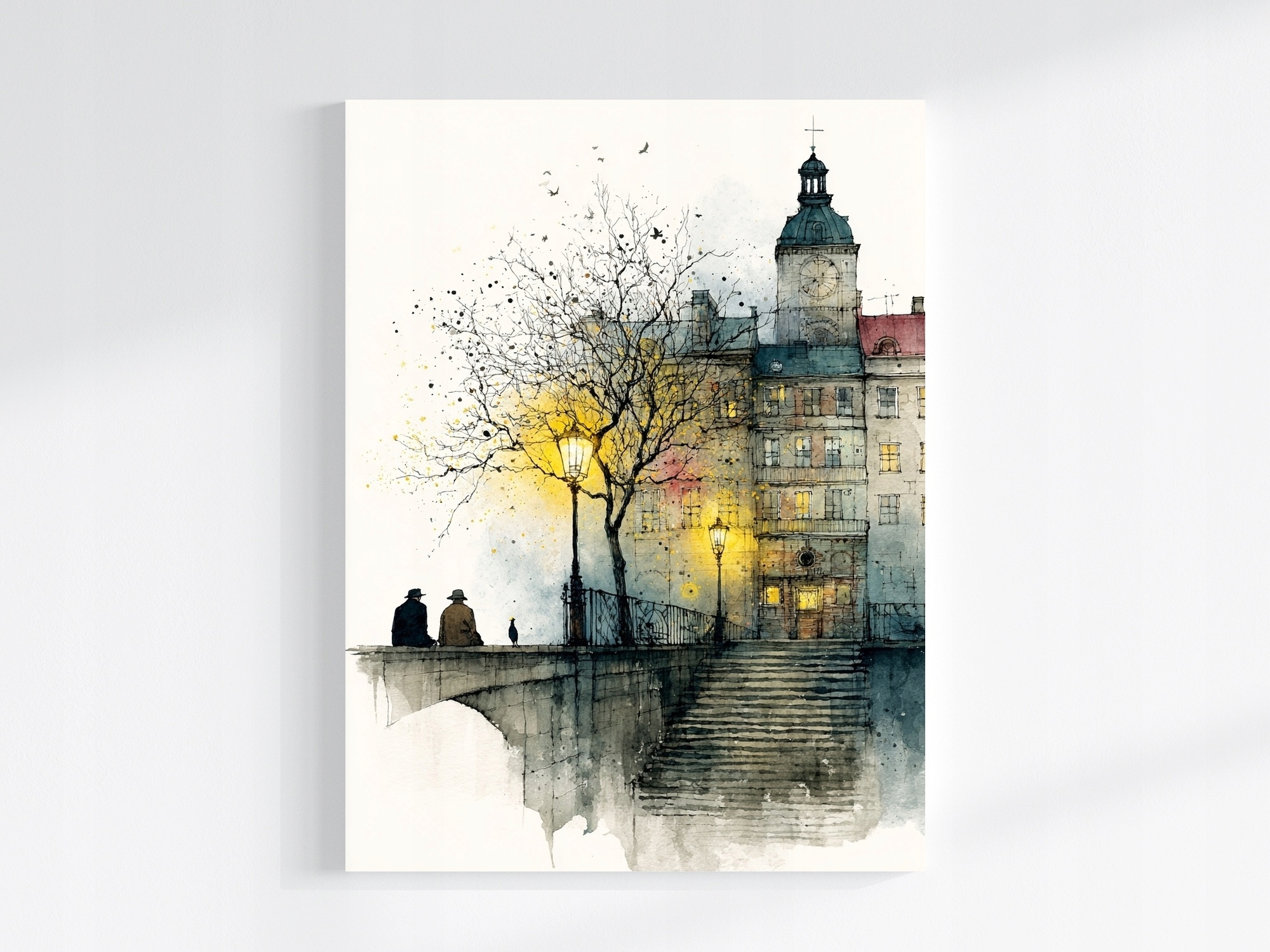 Obraz Na Plátně Canvas Grafika Město Radnice Řeka Most Schody 75x100