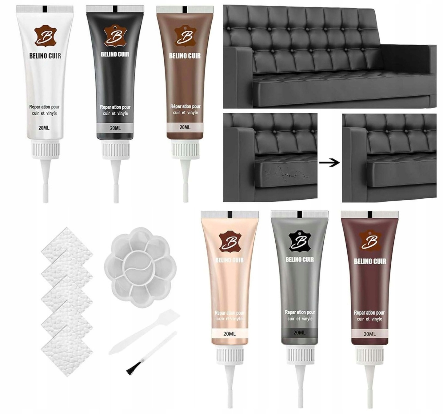 Zestaw szpachla farba do renowacji skóry tapicerki 6x20ml beż biały czarny
