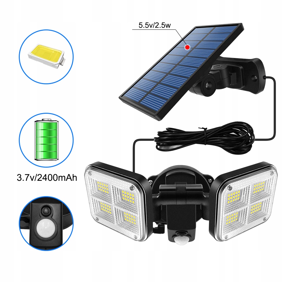 LAMPA SOLARNA CZUJNIK RUCHU ZMIERZCHU 2 REFLEKTORY ZEWNĘTRZNA OSOBNY SOLAR Moc 130 W