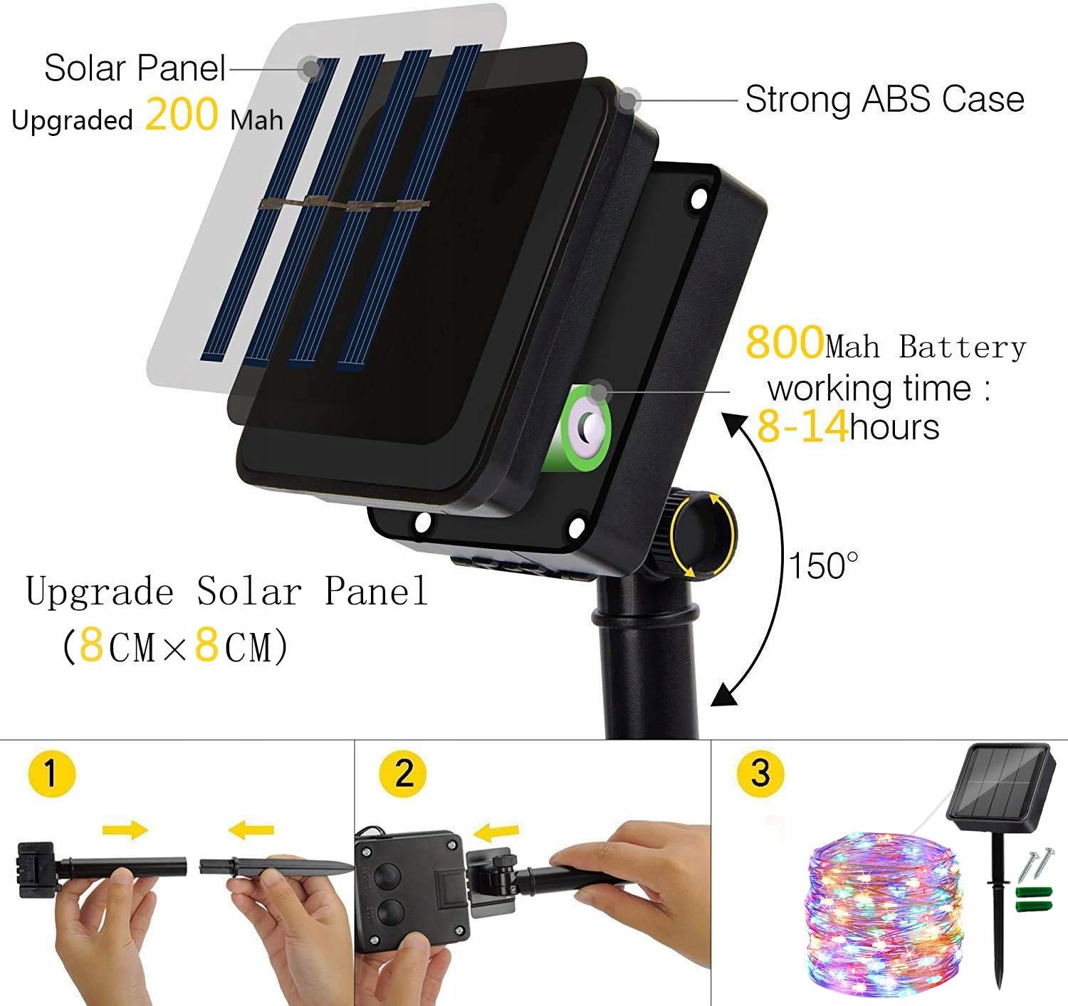 OREUNIK Solarna Girlanda 2x12M 240LED Wodoodporna Ciepła Biała Do Ogrodu — miniatura 7