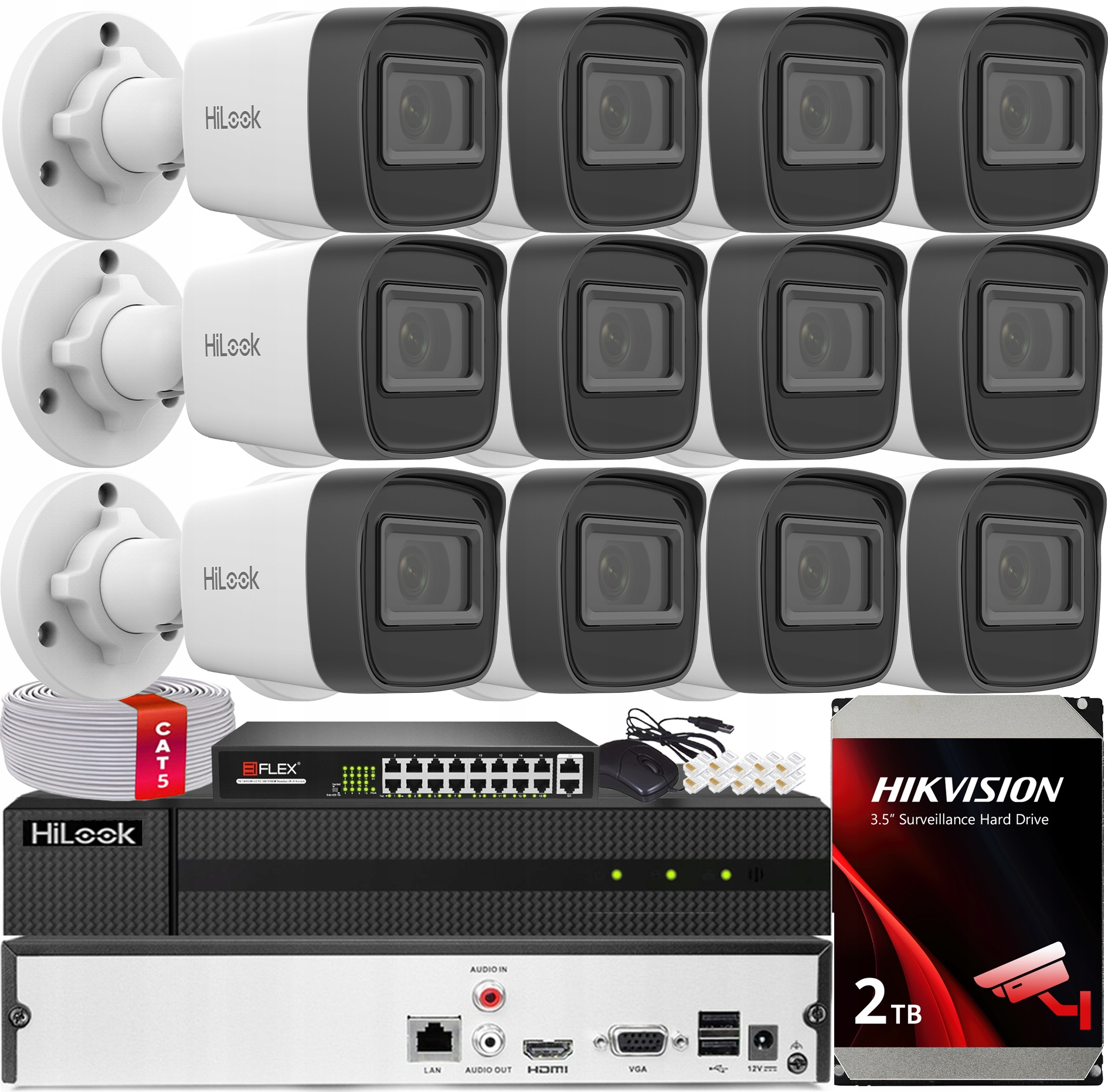 Sada Monitorování Poe Pro 12 Kamer 2MPx IR20m Hilook Hikvision Hdd 2TB