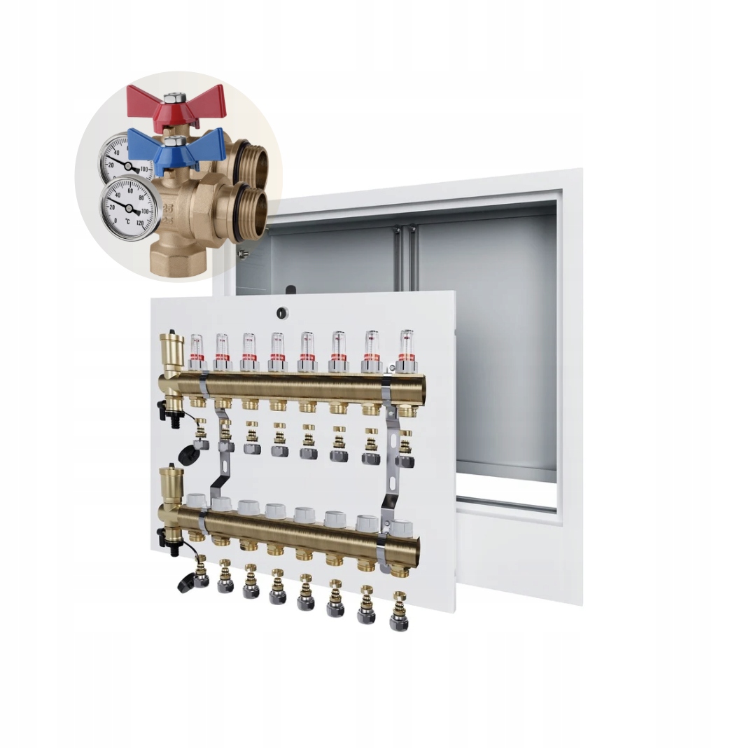 Rozdělovač podlahového vytápění 8 podomítková skříňka+PEX+ÚHLOVÝ Kulový Ventil