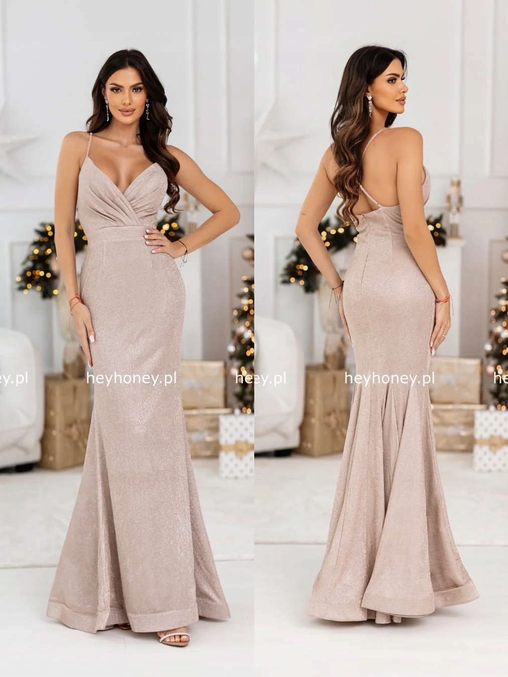 Lesklá Šaty Maxi s rozšířeným spodním dílem Béžová Mermaid S
