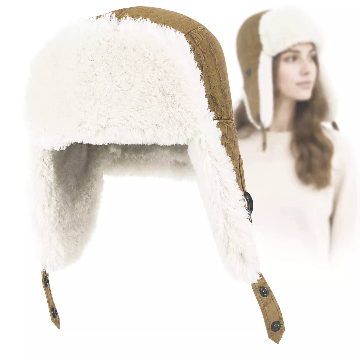 Dámská čepice zimní čepice béžová pilotka ušatka kožešina Polar Fashion W532A