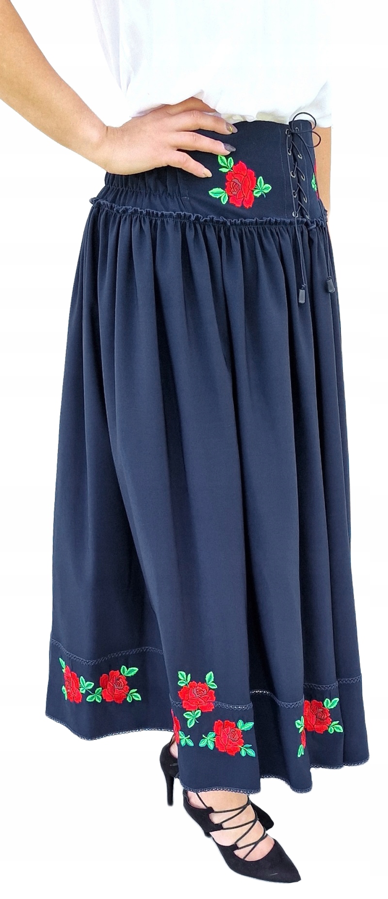 Modrá lidová Sukně Dlouhá vzdušná vyšívané květy *FolkStyle* L*