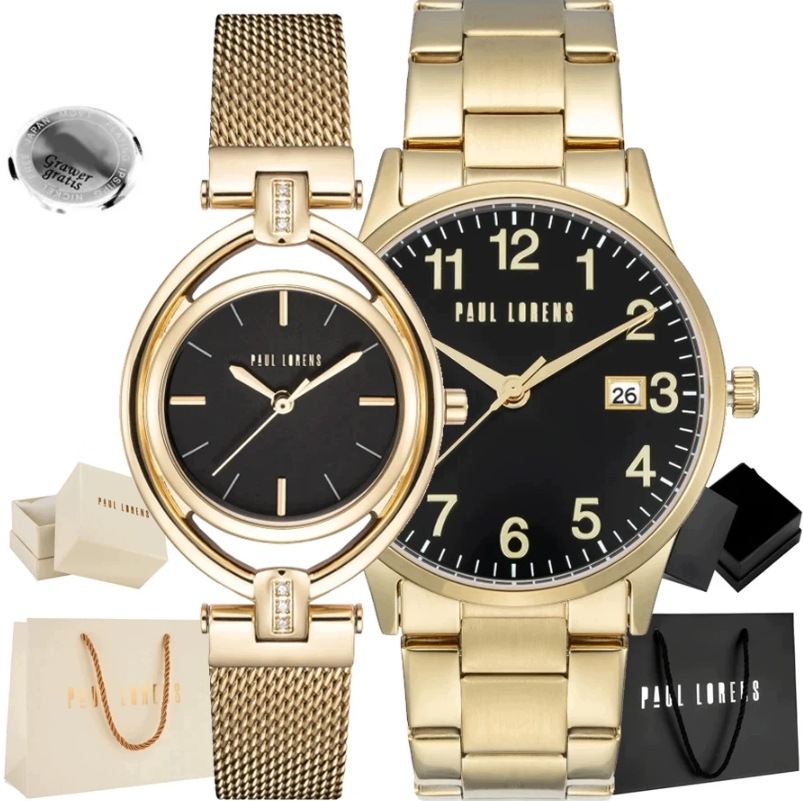 Sada hodinek pro páry Paul Lorens Serena/pablo zlatá Ocelová s gravírováním