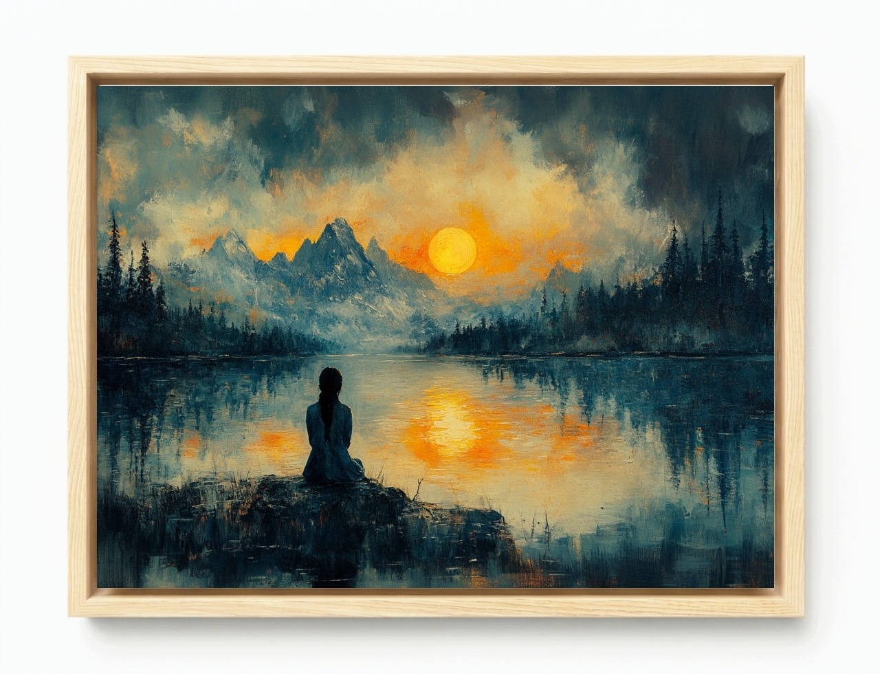 Obraz Rám Americký Box Krajina Hory Jezero Slunce Postava Meditace 80x60
