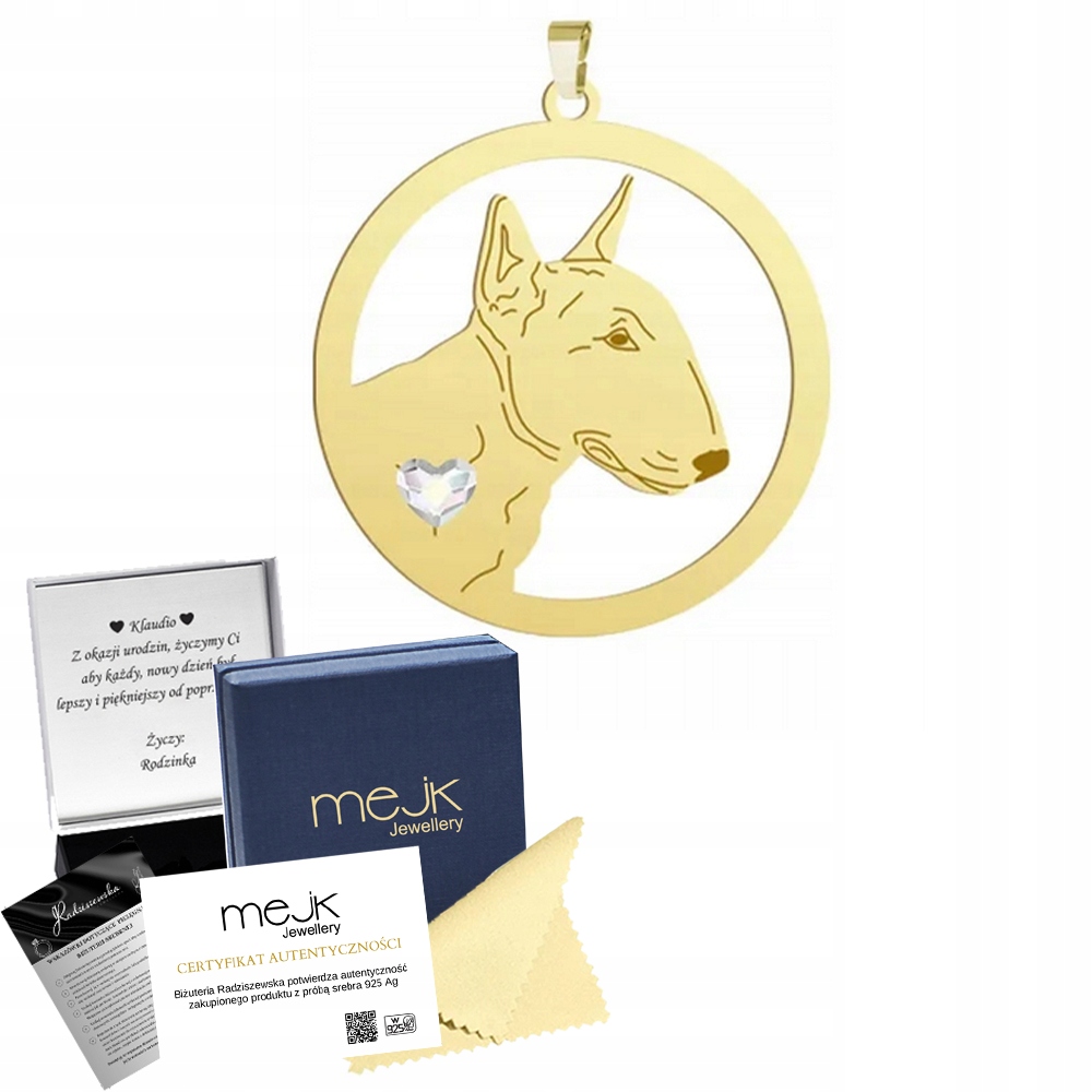 Zlatý přívěsek se psem Bulteriér Miniaturní 925 Dárek Gravírování Bonus
