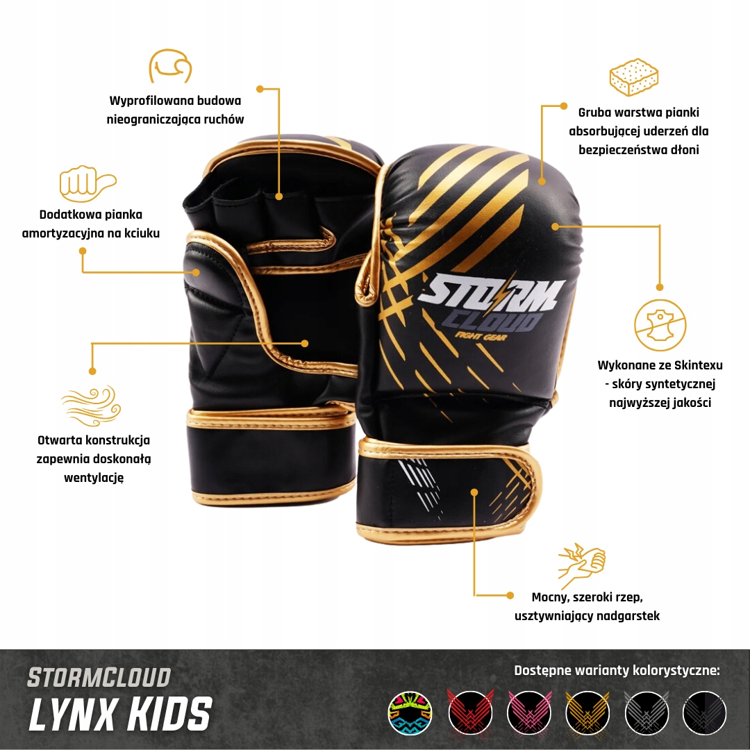 StormCloud Rękawice MMA dla dzieci Lynx Czarne Junior M Stan opakowania oryginalne