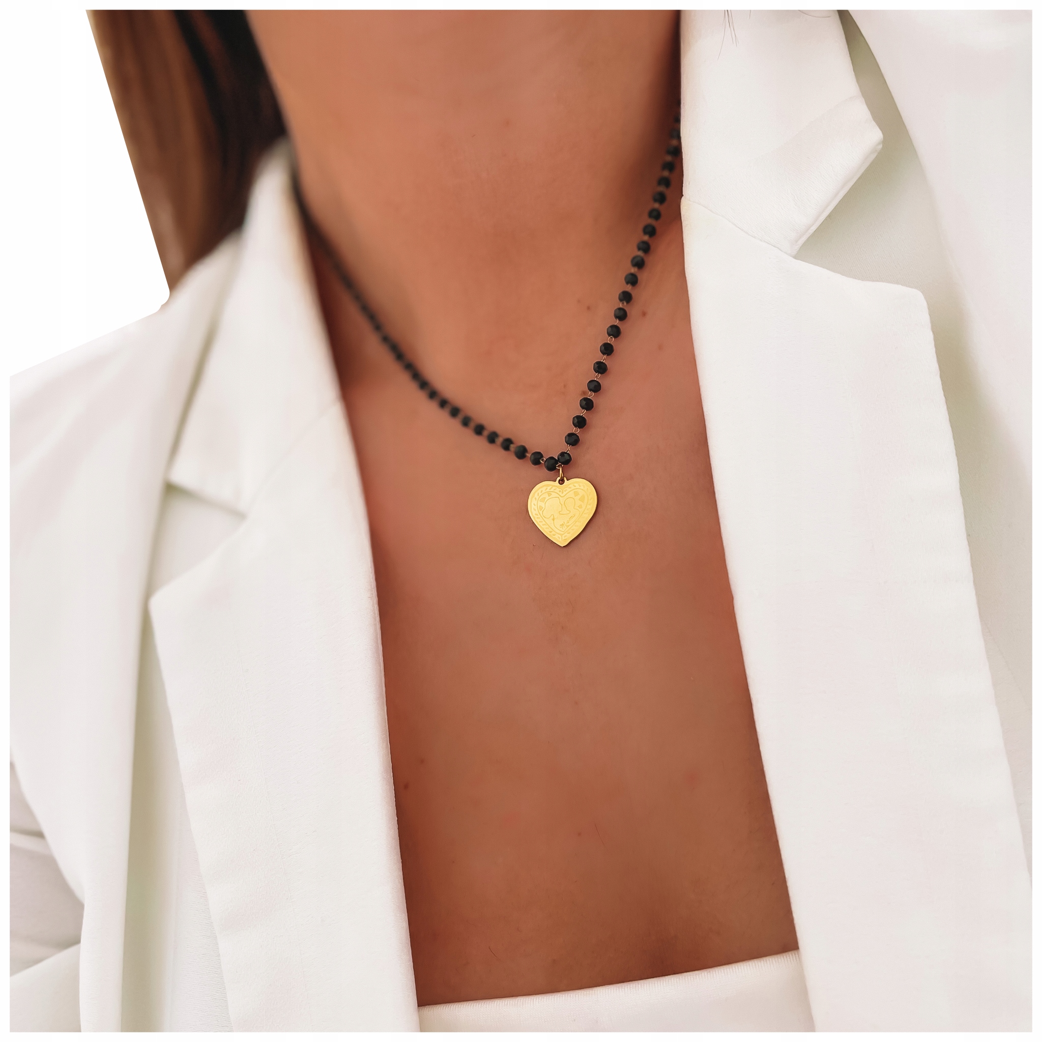 

Naszyjnik dla mamy z sercem stal czarne koraliki