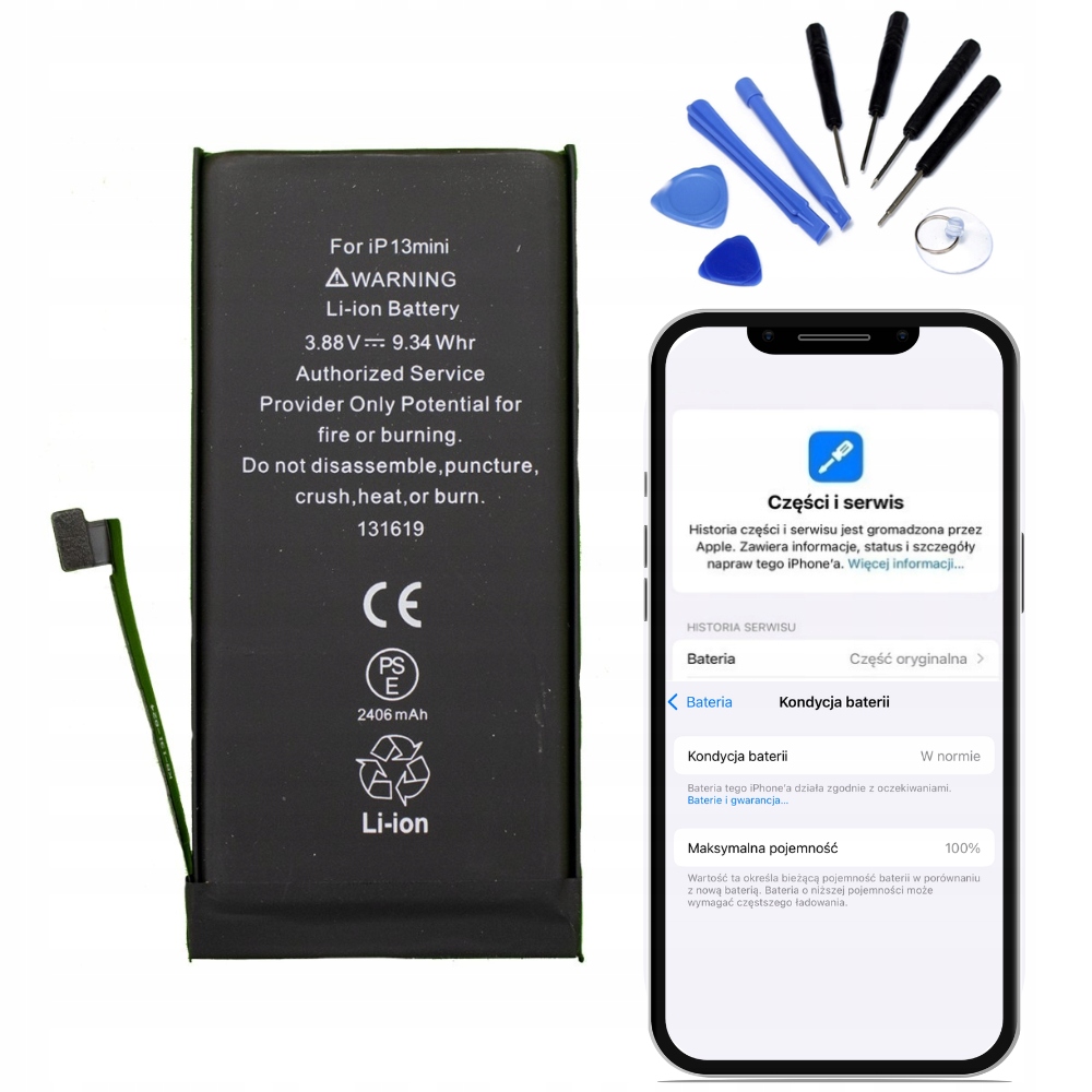 Baterie bez hlášení pro iPhone 13 Mini Kondice 100% Opravná sada