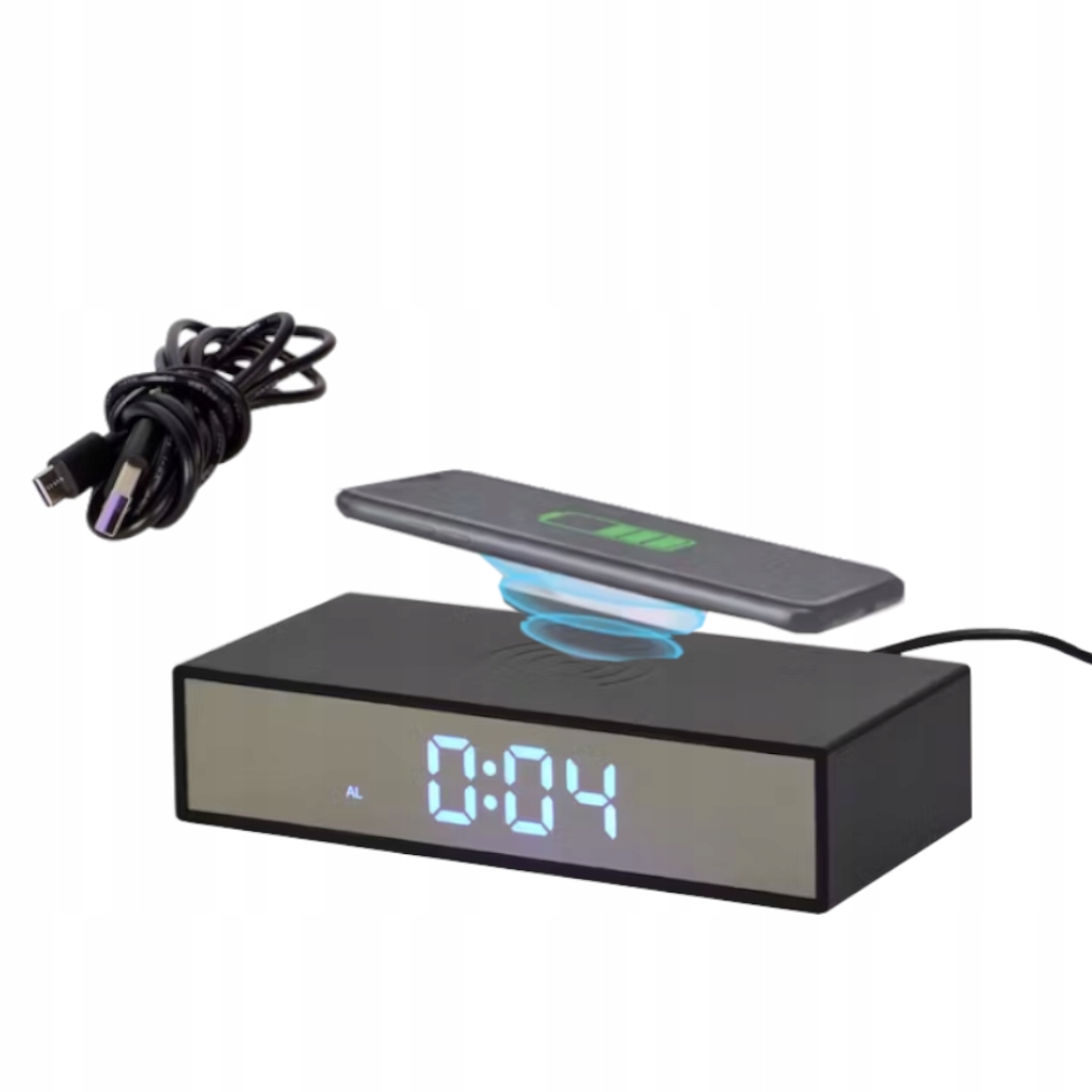 ZEGAR cyfrowy z Ładowarką Indukcyjną i budzikiem 15W CZARNY