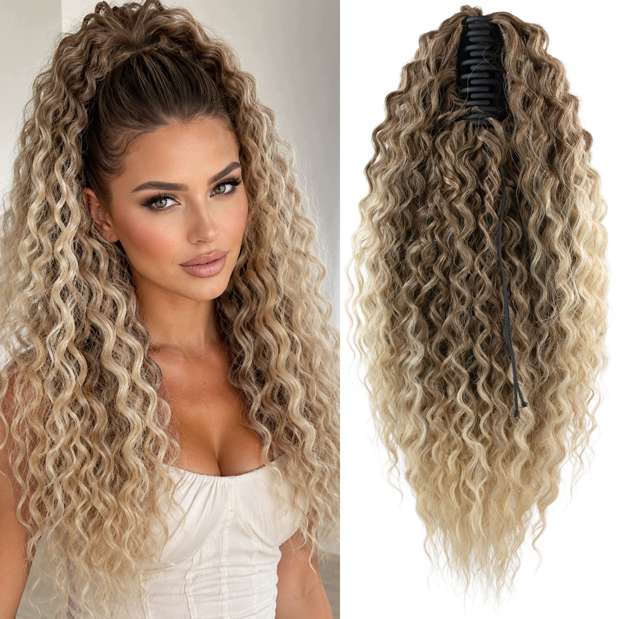 Kucyk na klamrze włosy syntetyczne afroloki Ariel 50cm AfroKrab ombre brąz