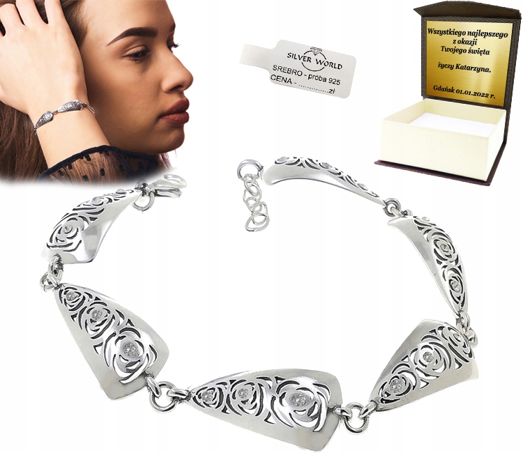 

Bransoletka srebrna. Cyrkonie Swarovski. Grawer