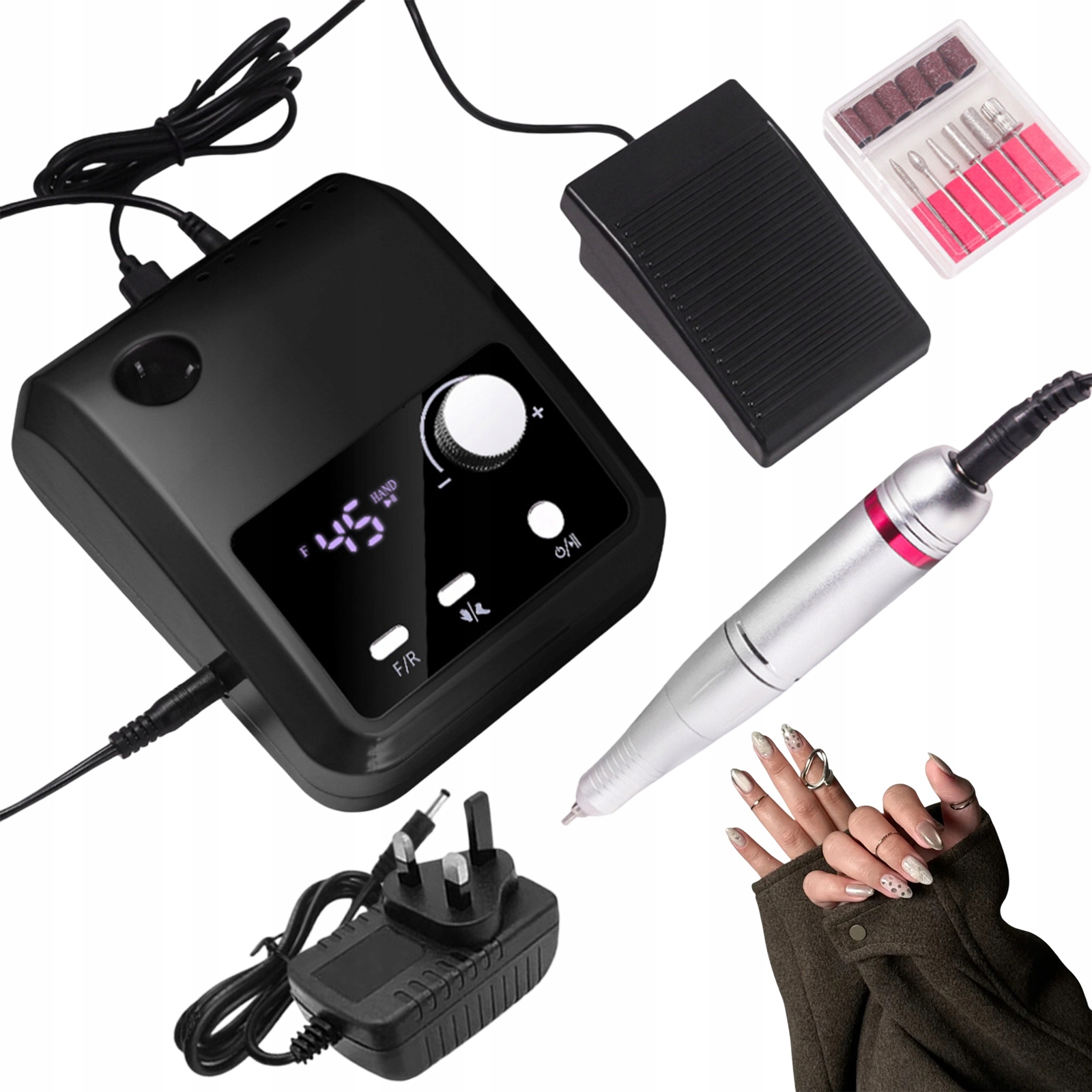 Sada Na Manikúru Pedikúra Bruska 45000 Rpm S Pedálem A Frézami, Černá