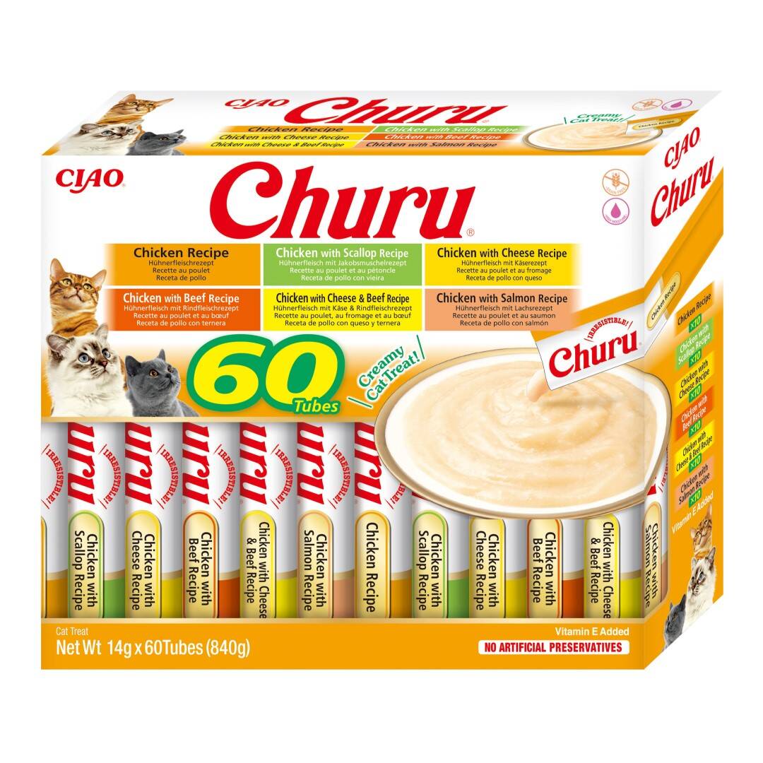 Levně Inaba Cat Churu 60x14 g (840 g) Krémová Pamlsek Pro Kočky Mix s kuřecím masem