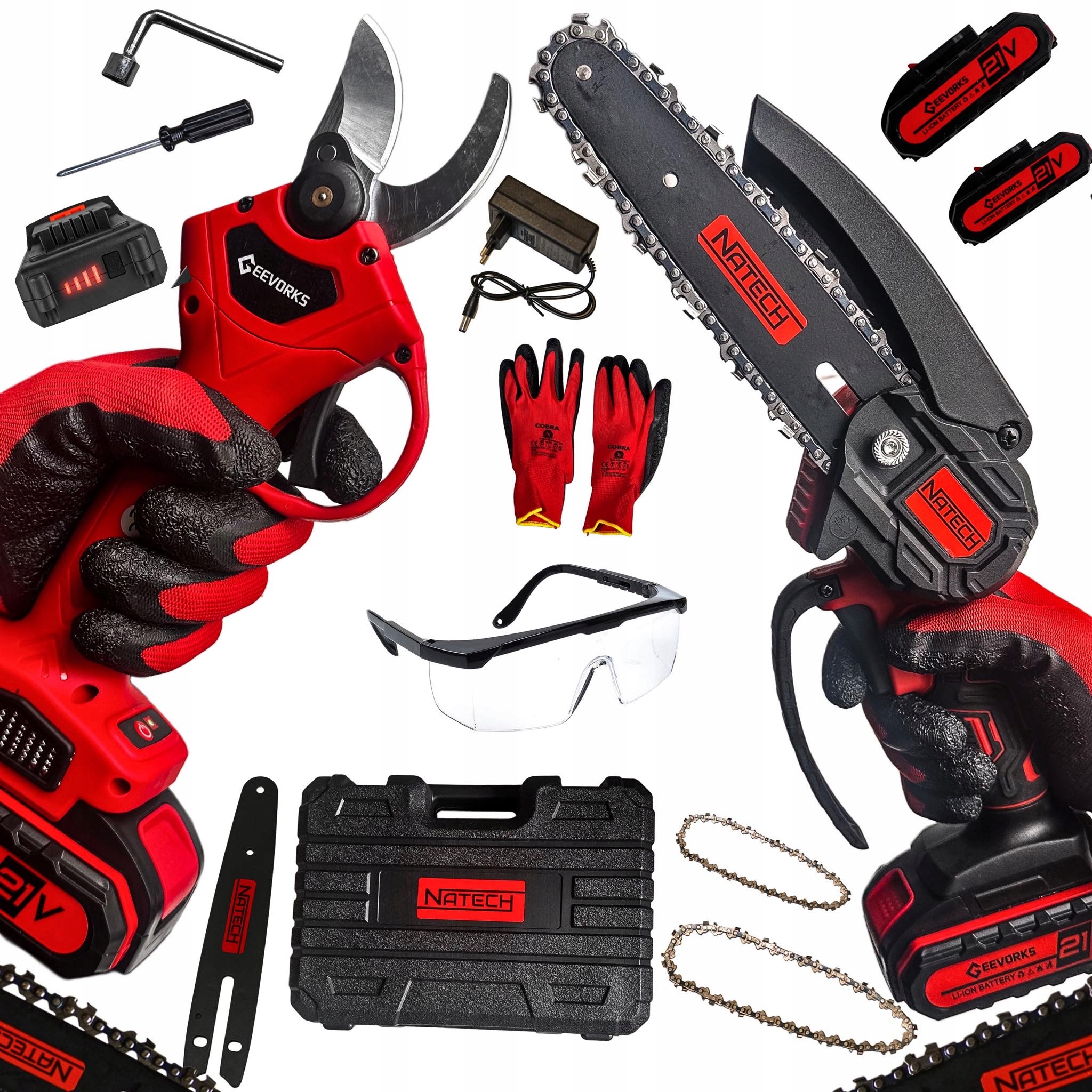 Piła Akumulatorowa 6" Sekator Walizka 2X21V Zestaw Narzędzi Podkaszarka