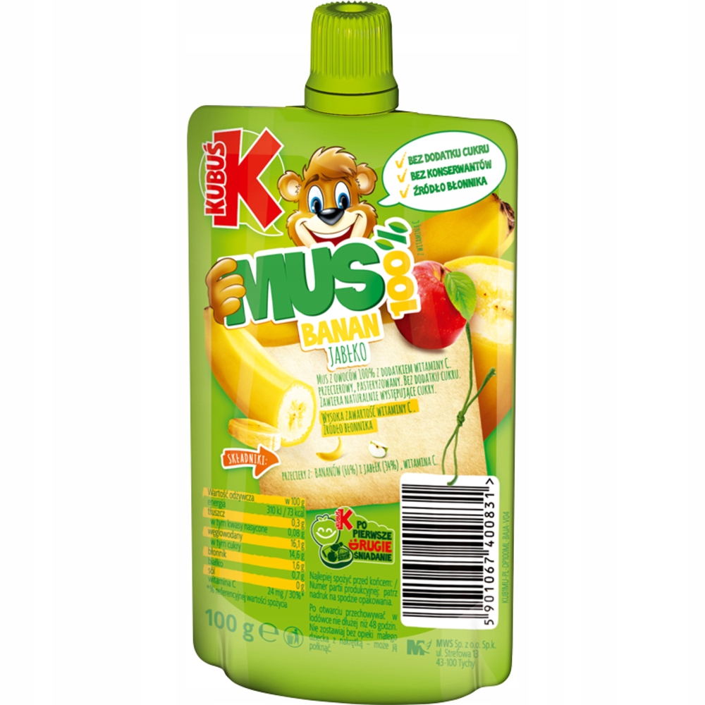 Kubuś Mus 100% banan jabłko 100g Marka Kubuś