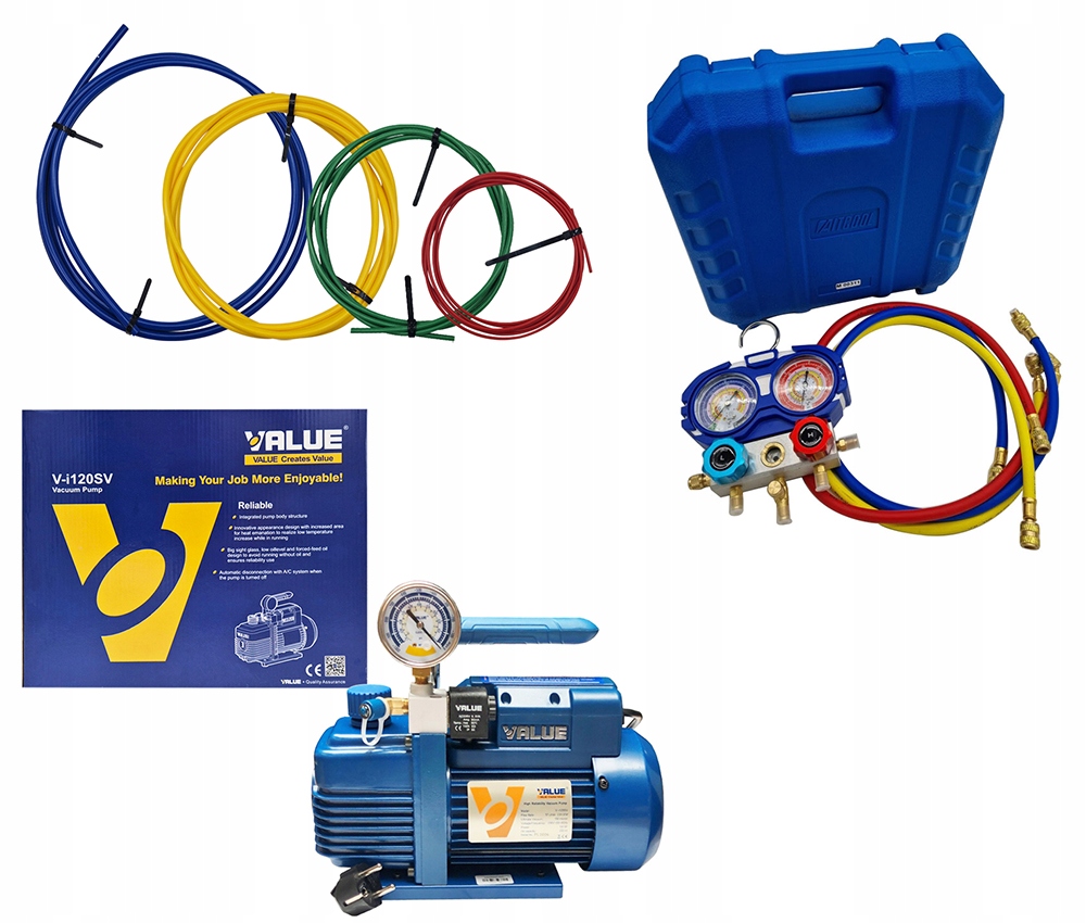 Sada na montáž klimatizácie Vákuová pumpa Manometry R32, R410A Tyče