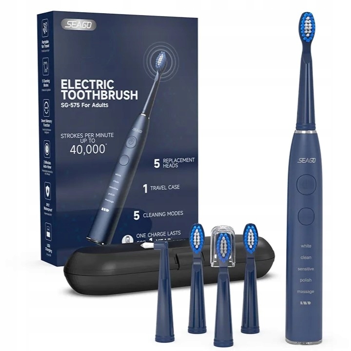 Soniczna szczoteczka do zębów Seago SG-575 niebieska z etui i 5 końcówkami