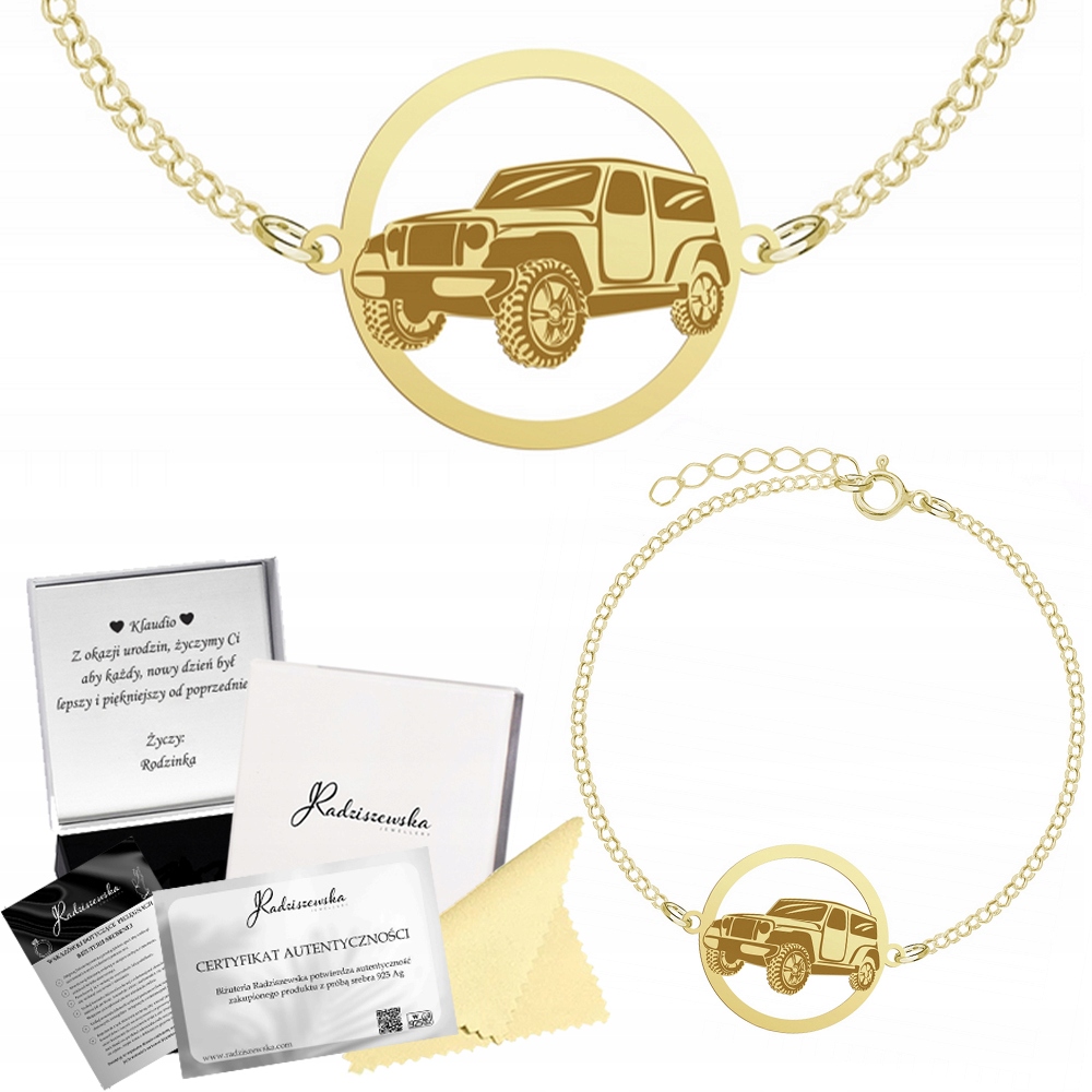 Zlatý náramek Off-road 4X4 Jeep Řetízek Šperky 925 Gravírování Bonus