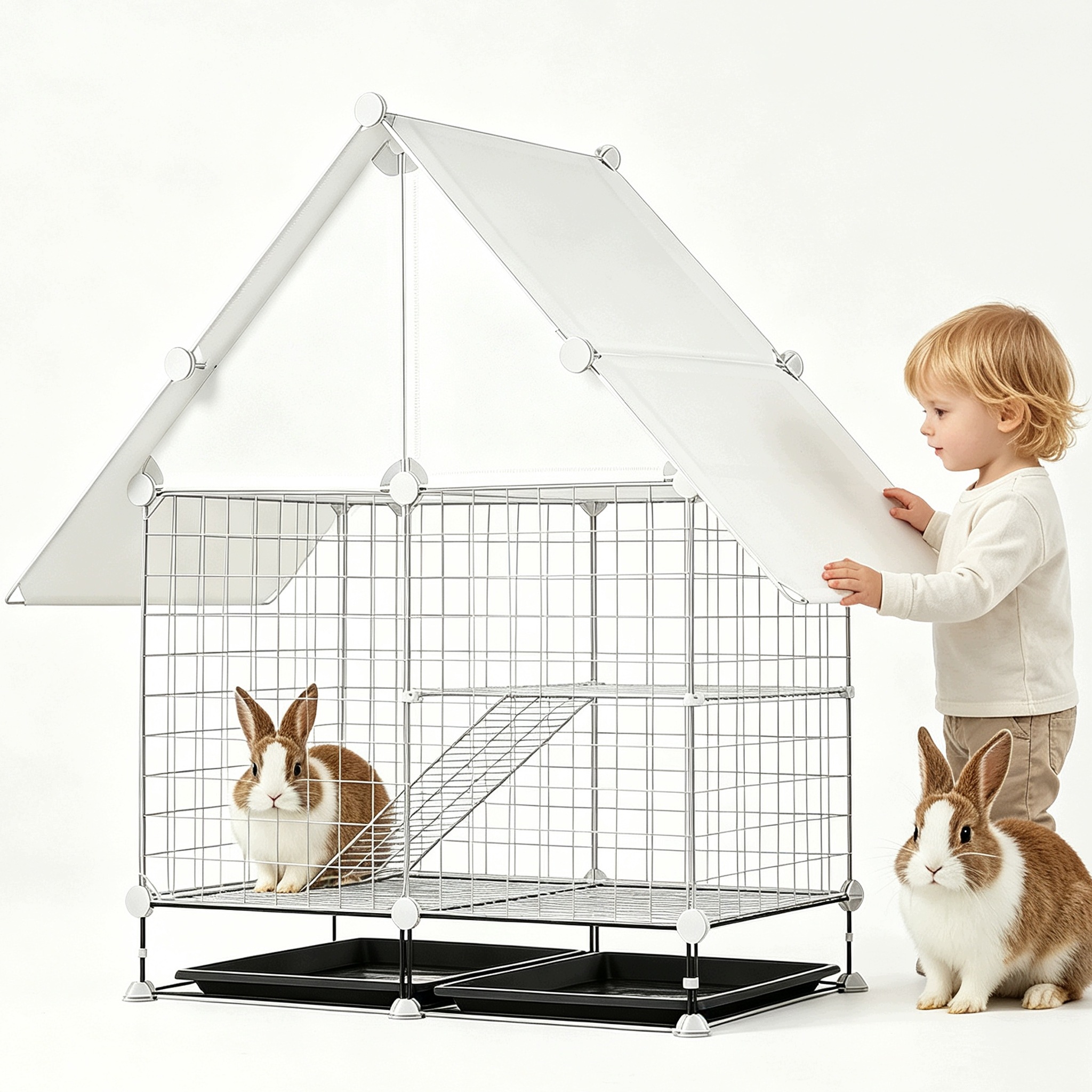 Prostorná bílá klec 96×75×39 cm pro králíka a prasátko, XXL
