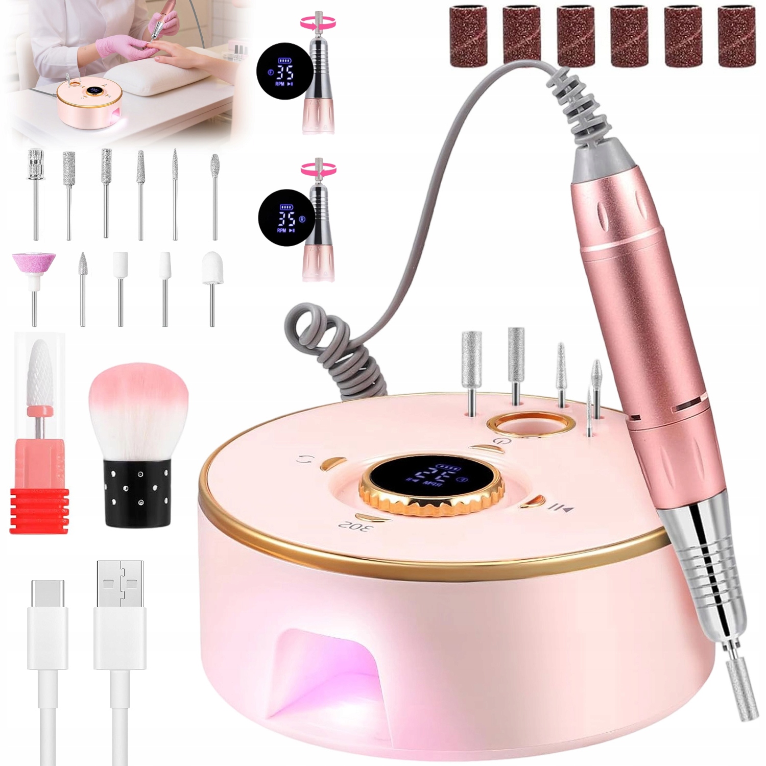 Bruska Led 2V1 Na Nehty Nail Drill Růžová S 12 Ks Brusných Hlavic