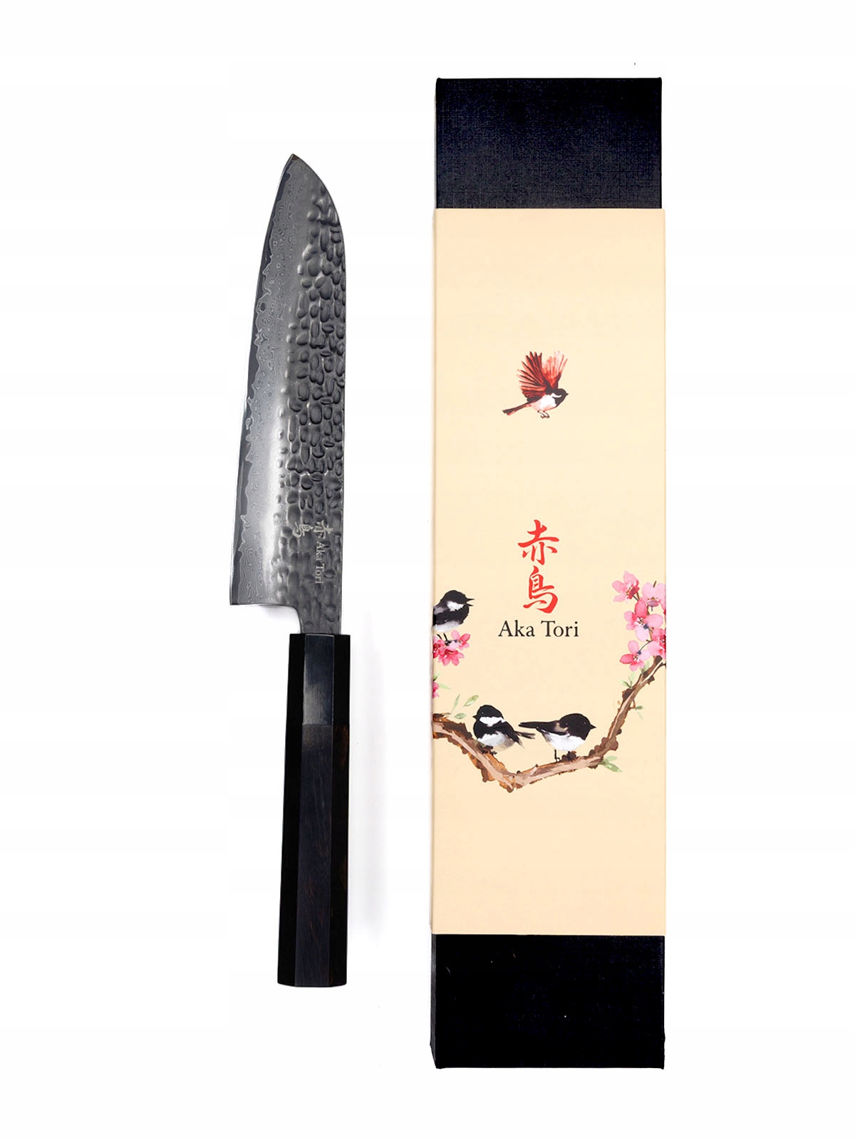 Japonský nôž šéfkuchára Aka Tori Santoku Damašková oceľ TokyoBlack 18 cm