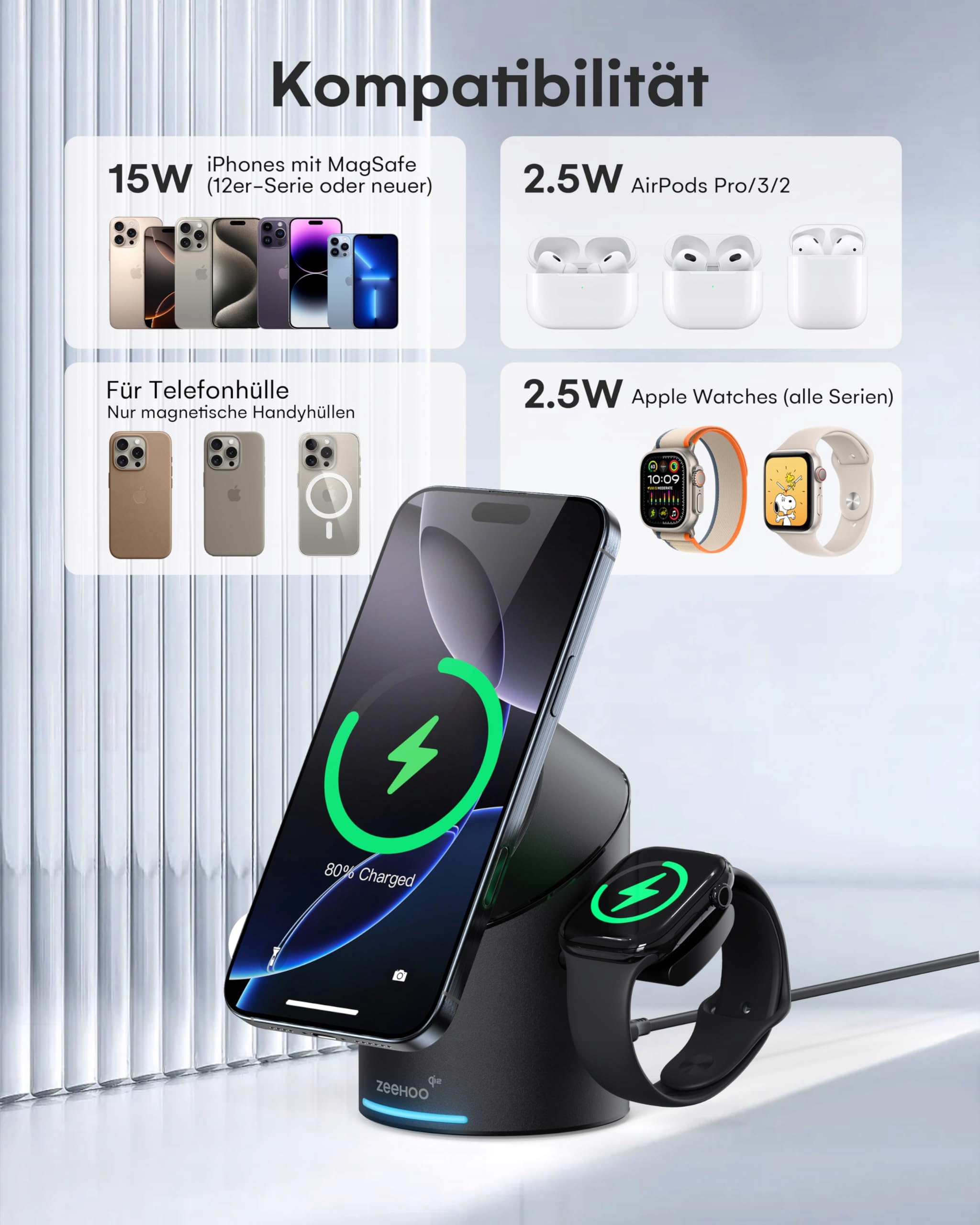 ZEEHOO Stacja Ładowania 3w1 Dla Apple Watch iPhone AirPods 15W Qi2 — miniatura 7