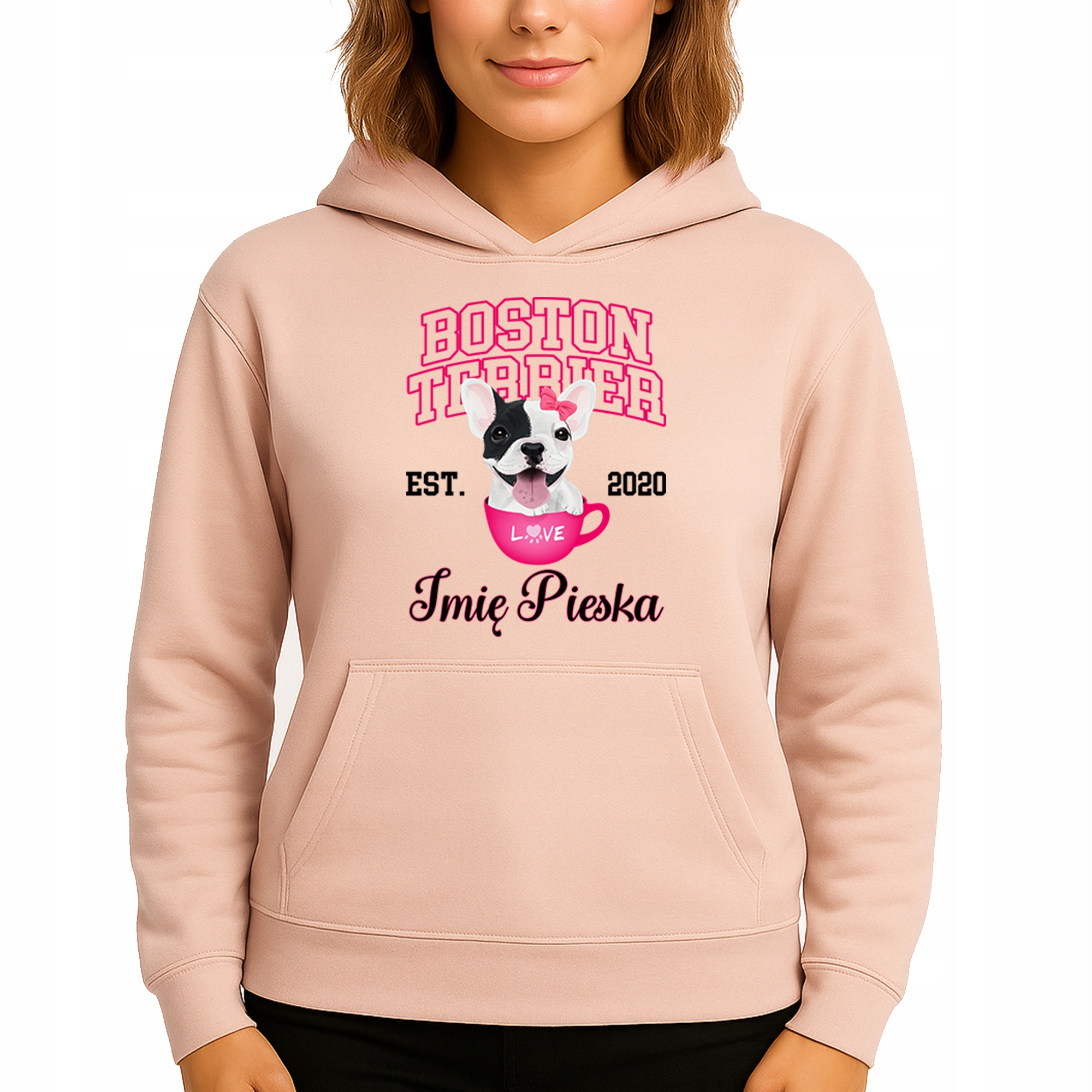 Mikina Broskvová Hoodie S Kapucí Boston Terrier Jméno psa M