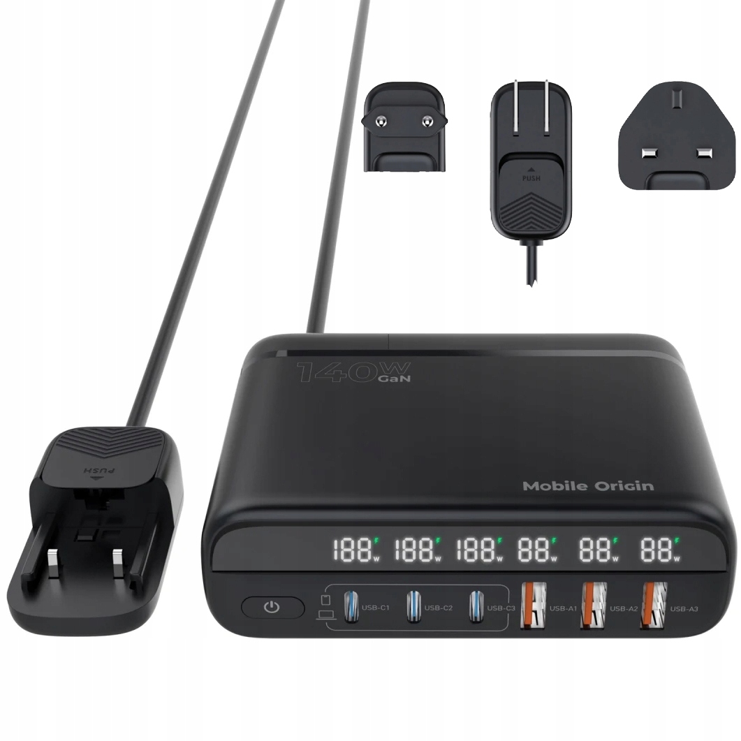 Nabíjačka Mobile Origin, GaN 140W 6 portov Usb-c Usb-a kábel, Uk Usa