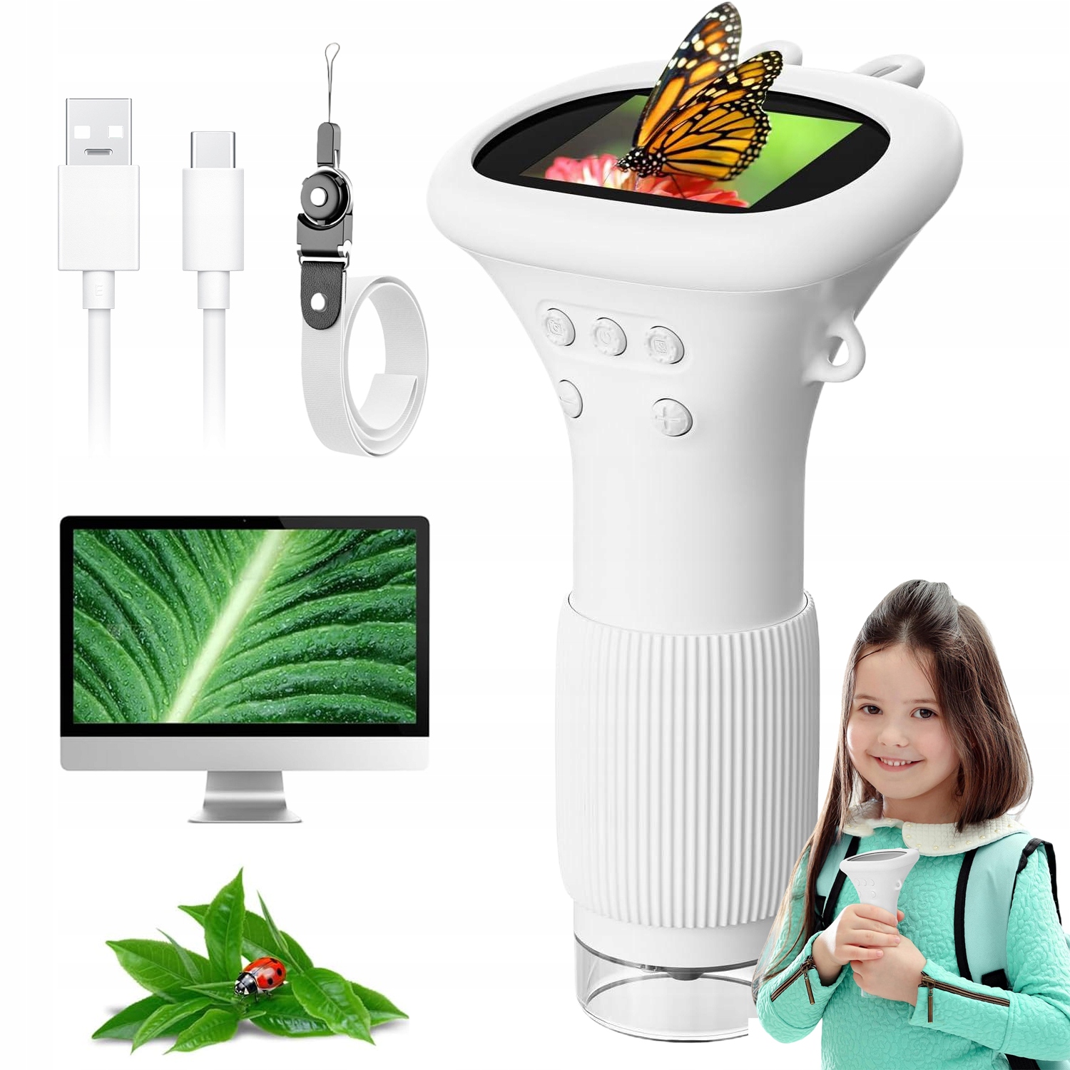 Przenośny Mikroskop Led Dla Dzieci 1000X Ekran Ips 2 Cala Fotografia Wideo