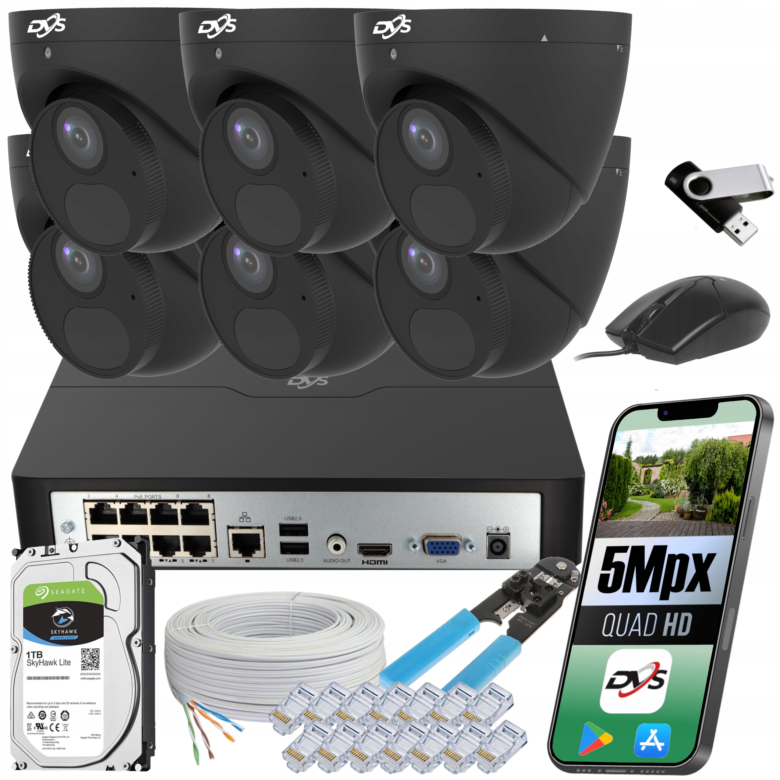 Monitorování domu Ip PoE 5Mpx černé kovové venkovní kamery Smart sada