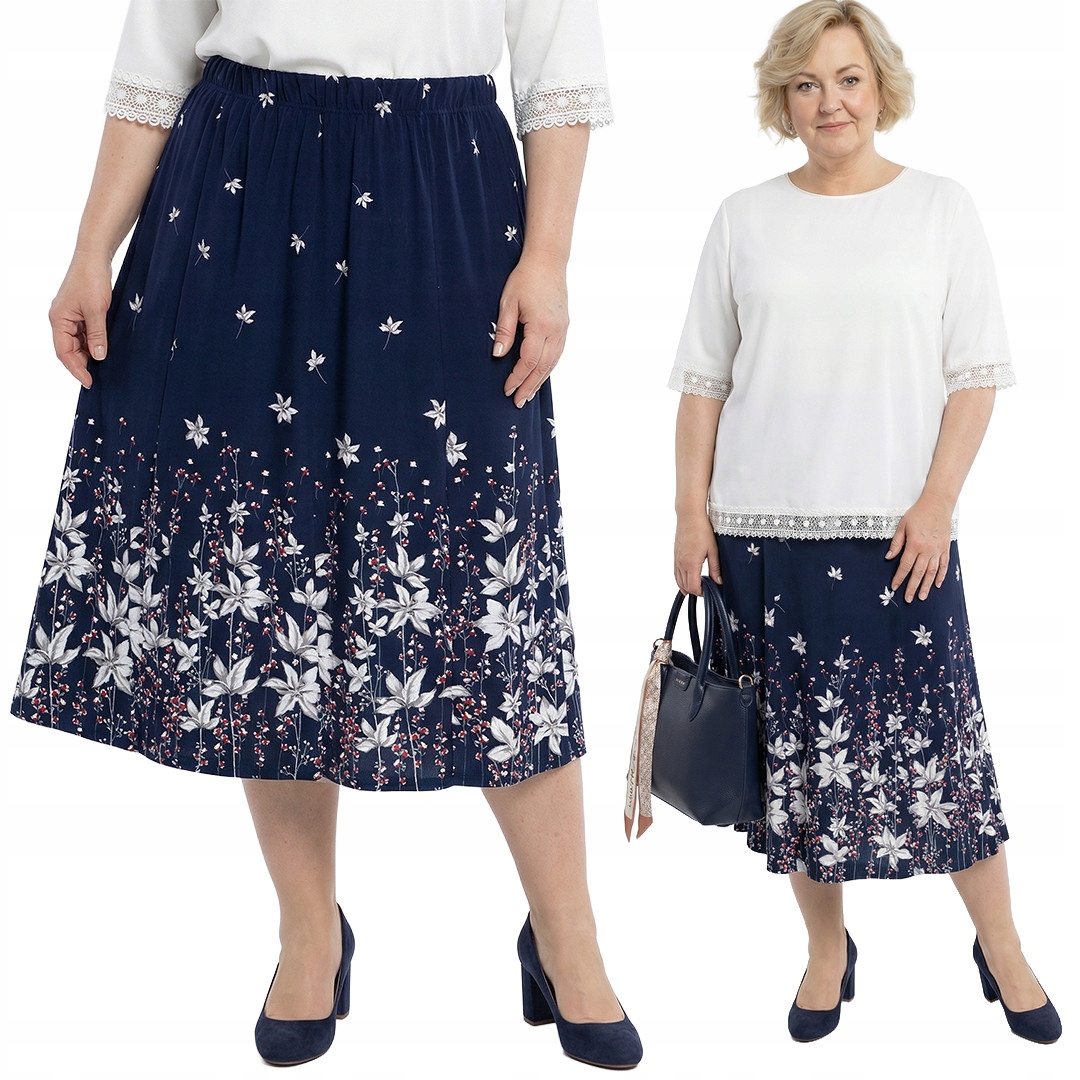 Tmavě modrá sukně s šedými květy plus velikost velikost 48/50