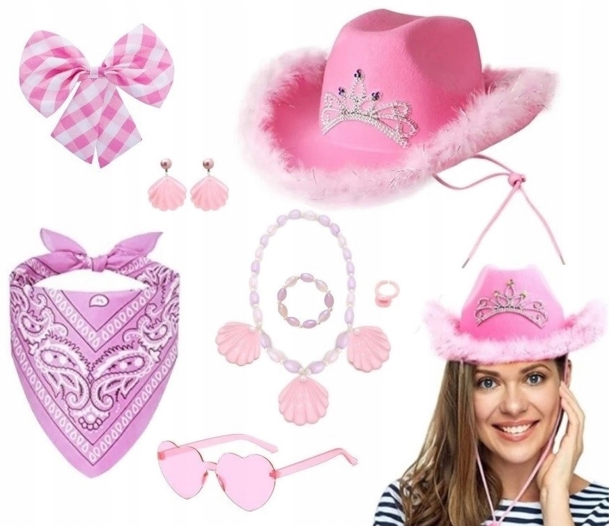 KOLCZYKI NASZYJNIK KAPELUSZ OKULARY CHUSTA BARBIE COSPLAY DLA DOROSŁYCH