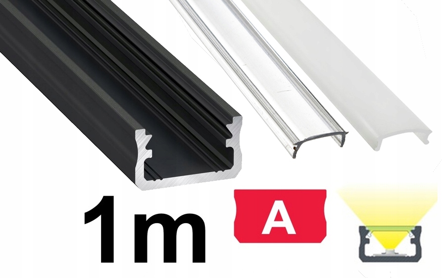 PROFIL ALUMINIOWY NAWIERZCHNIOWY typ A czarny do taśm LED 1m + KLOSZ