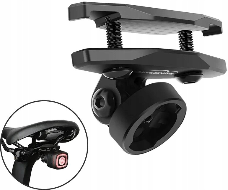 Držák zadního světla a kamery Magicshine Seemee upevněný na tyčích sedla