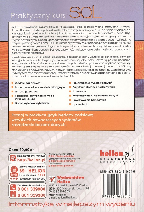 SQL Praktyczny kurs. Mendrala, Szeliga Gatunek Bazy danych