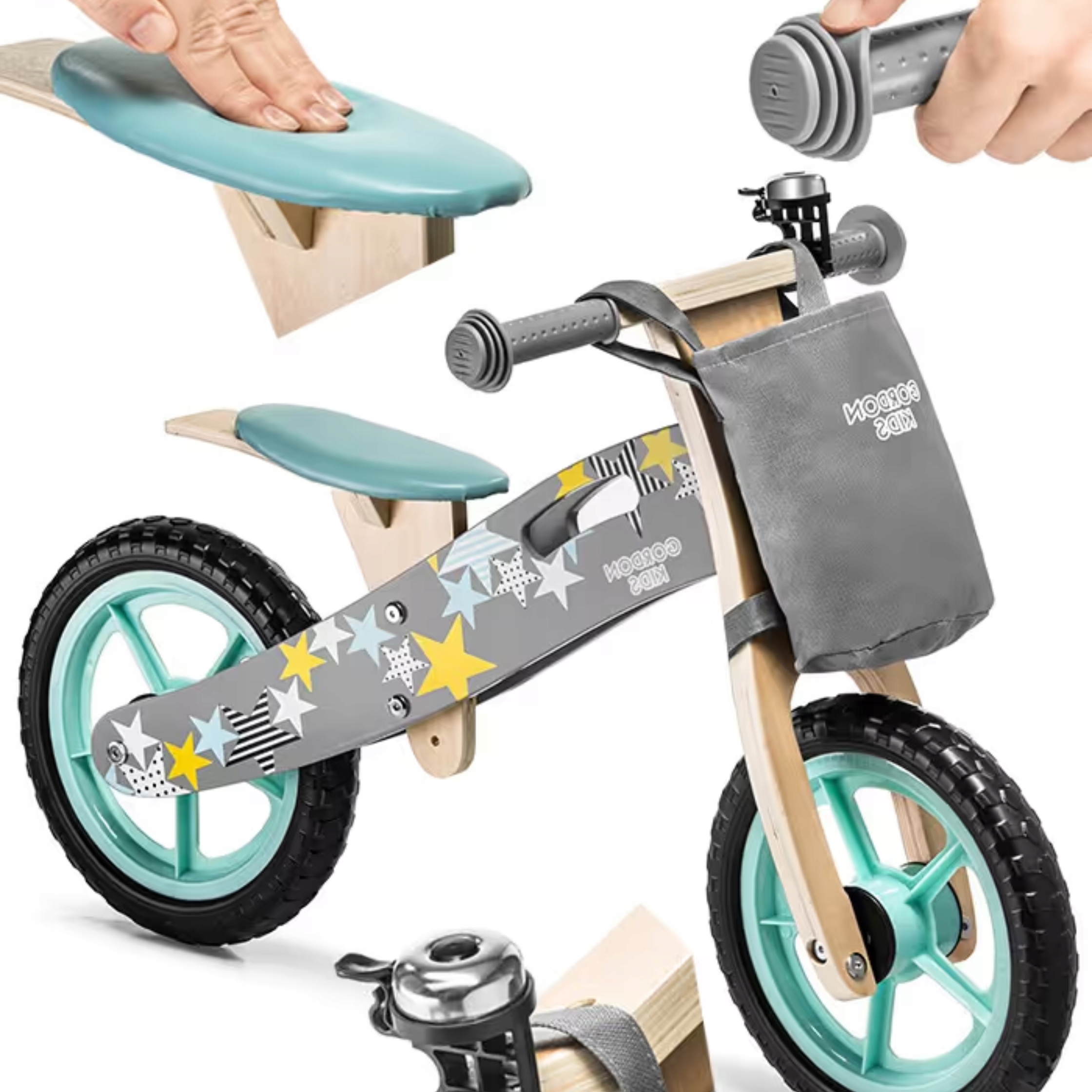 Rowerek Biegowy Drewniany 12" Chłopiec Szary Koła Eva Torba Dzwoneczek