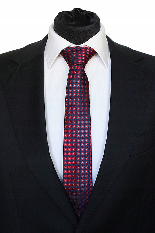 WĄSKI KRAWAT SLIM GRANATOWY W CZERWONOSZARE GROCHY