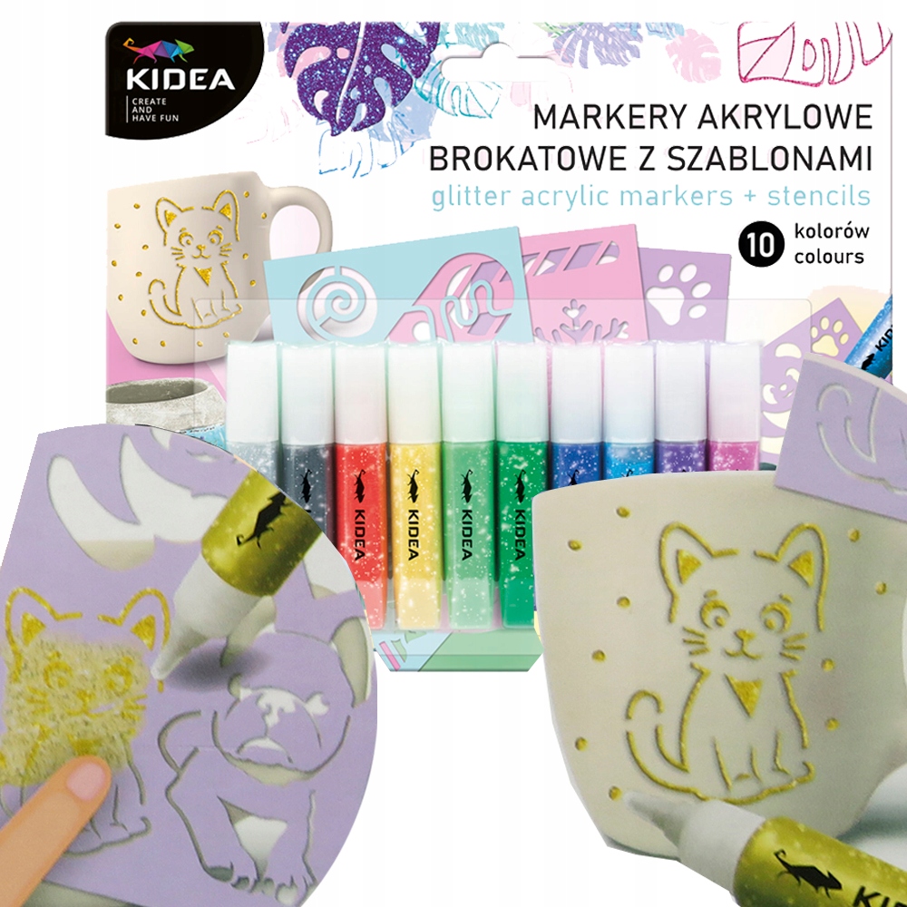 

Markery akrylowe brokatowe 10sztuk szablony Kidea