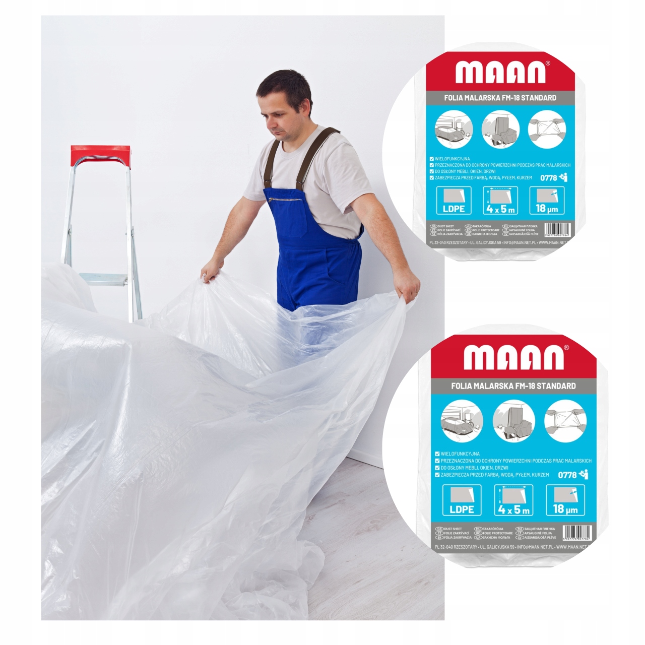 FOLIA BUDOWLANA PLANDEKA MALARSKA OCHRONNA GRUBA PLUS 4X5M UNIWERSALNA 20M2 Kod producenta 0778