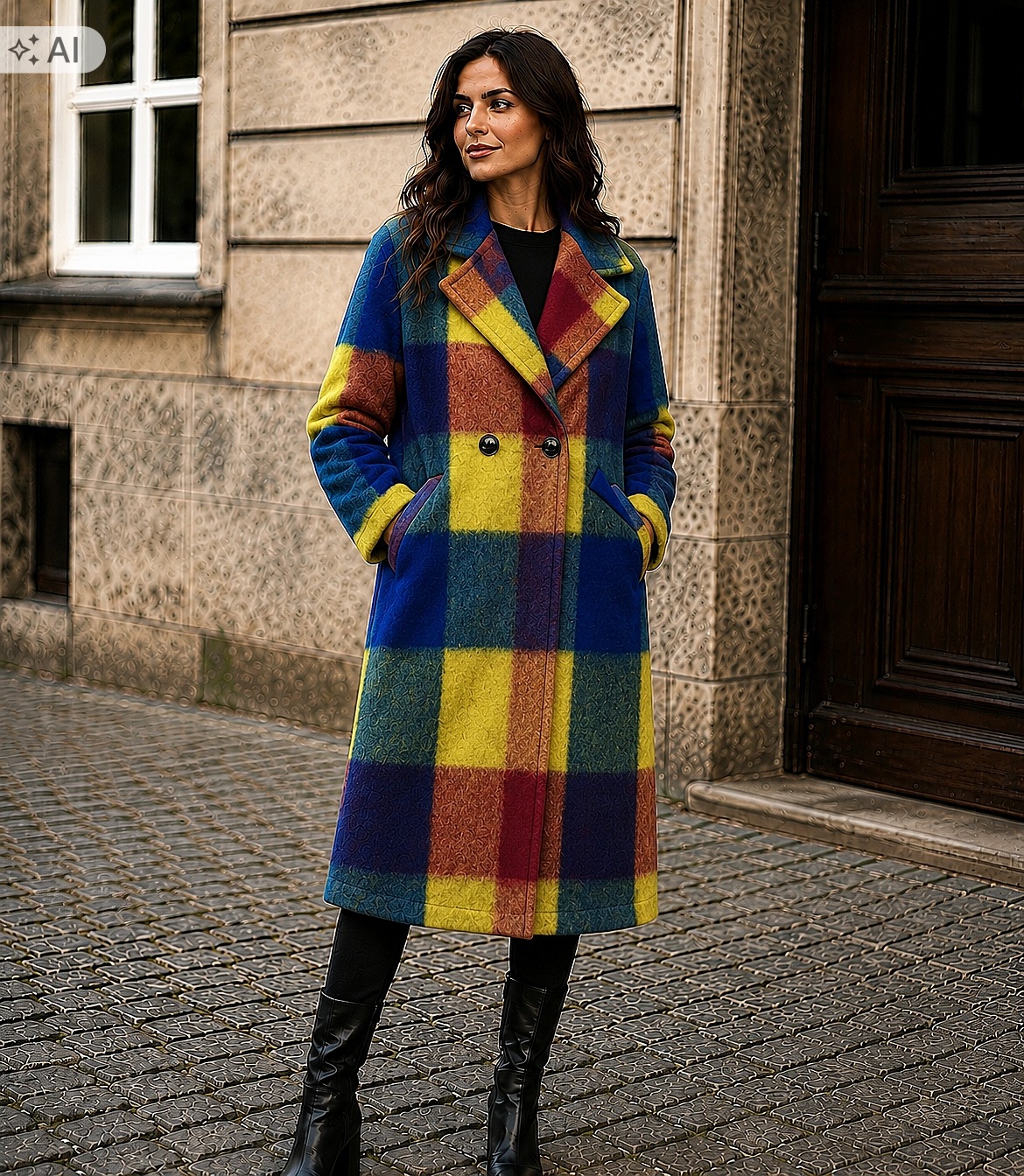 dámský italský kabát New Collection, barevná oversize mřížka L/XL/2X