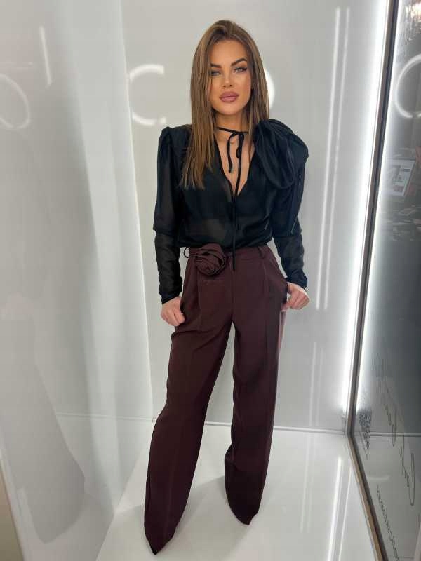 Elegantní kalhoty Široká nohavička La Milla Čokoláda s květem 36