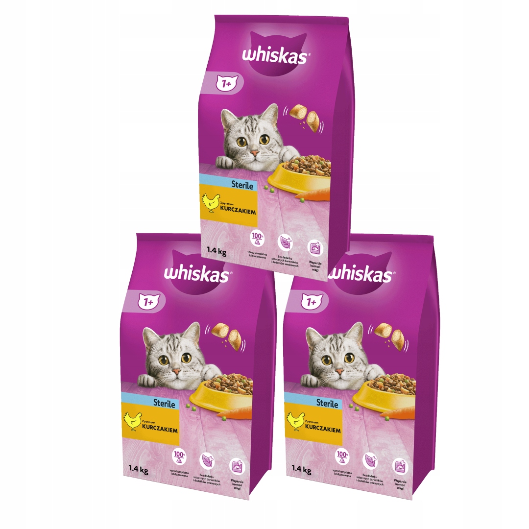 Levně Whiskas Sterile 1+ Suché Krmivo pro kočky s kuřecím masem 3x1,4 kg