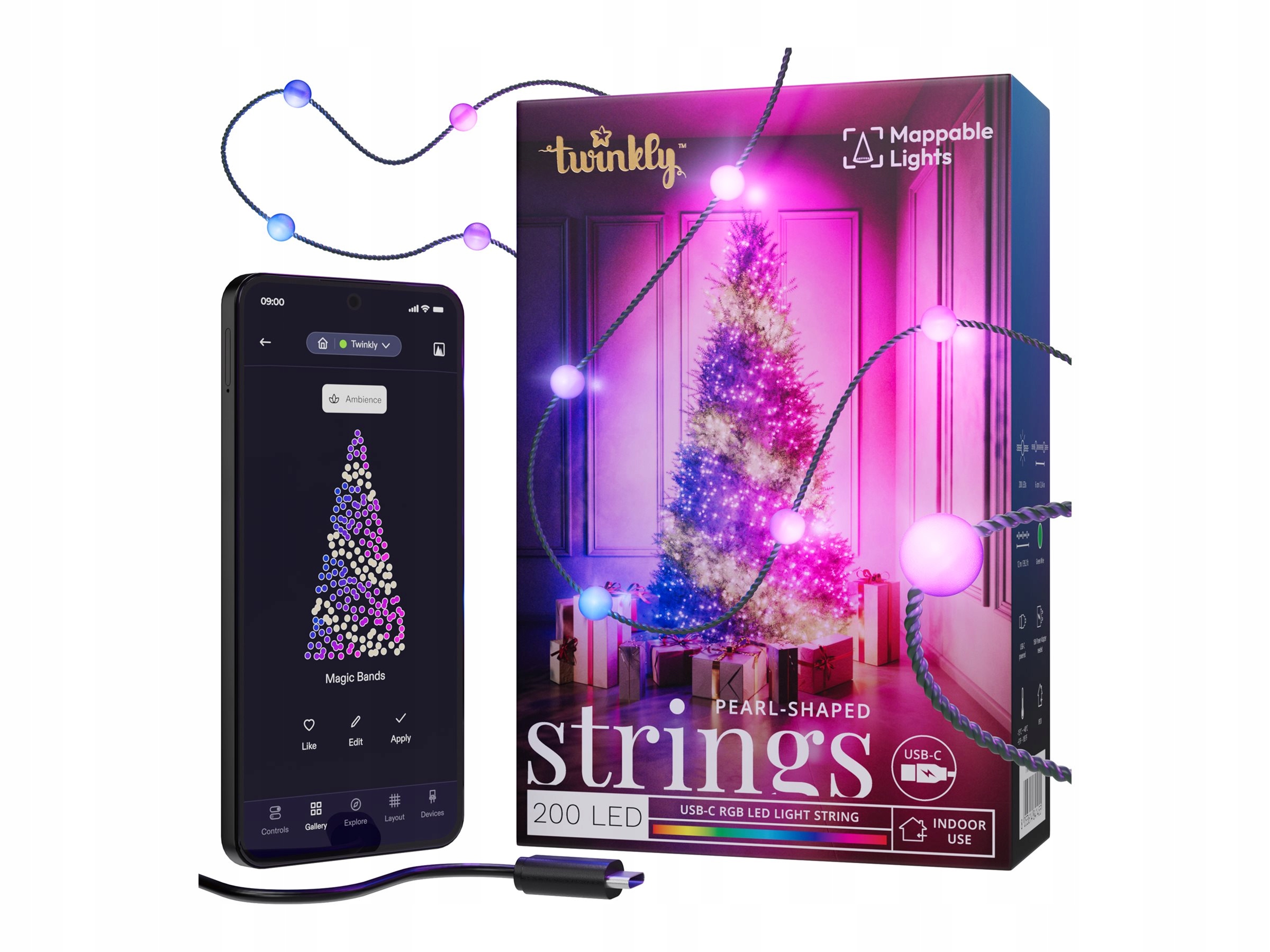 Twinkly Candies 200 Rgb Led diod ve tvaru perel, zelený kabel, Usb-c|