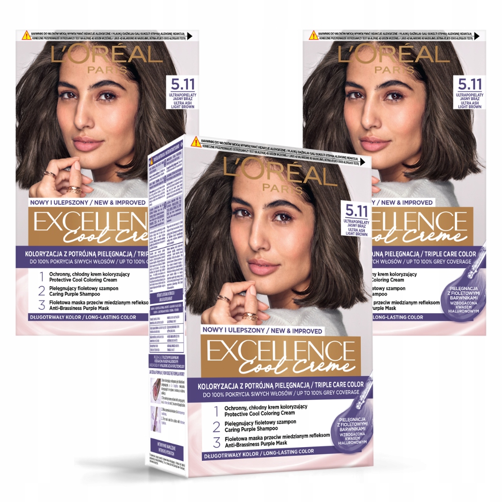 Zestaw 3x L'Oréal Excellence Farba Do Włosów 5.11 Ultrapopielaty Jasny Brąz