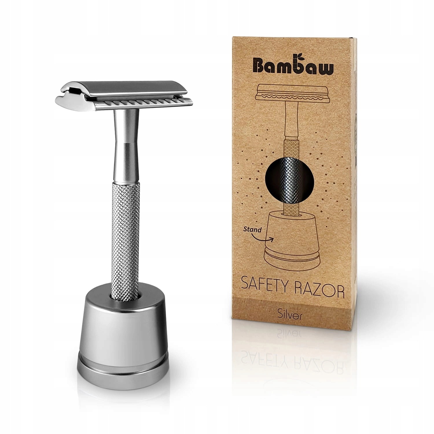 Bambaw Safety Razor – Holicí strojek na žiletky na stojanu, stříbrný