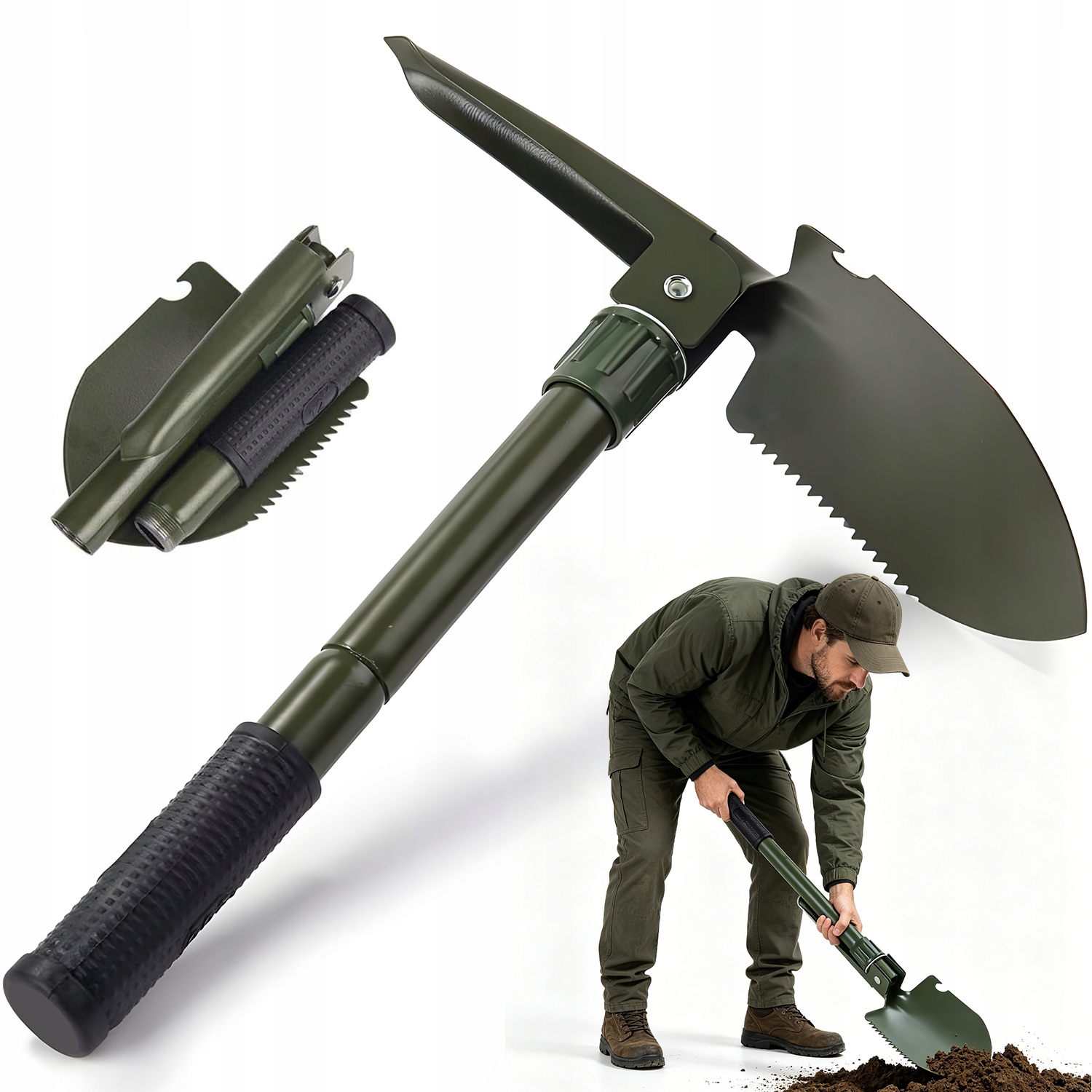 Łopata Do Survivalu Składana 2W1 Do Kempingu Z Torbą Zielona
